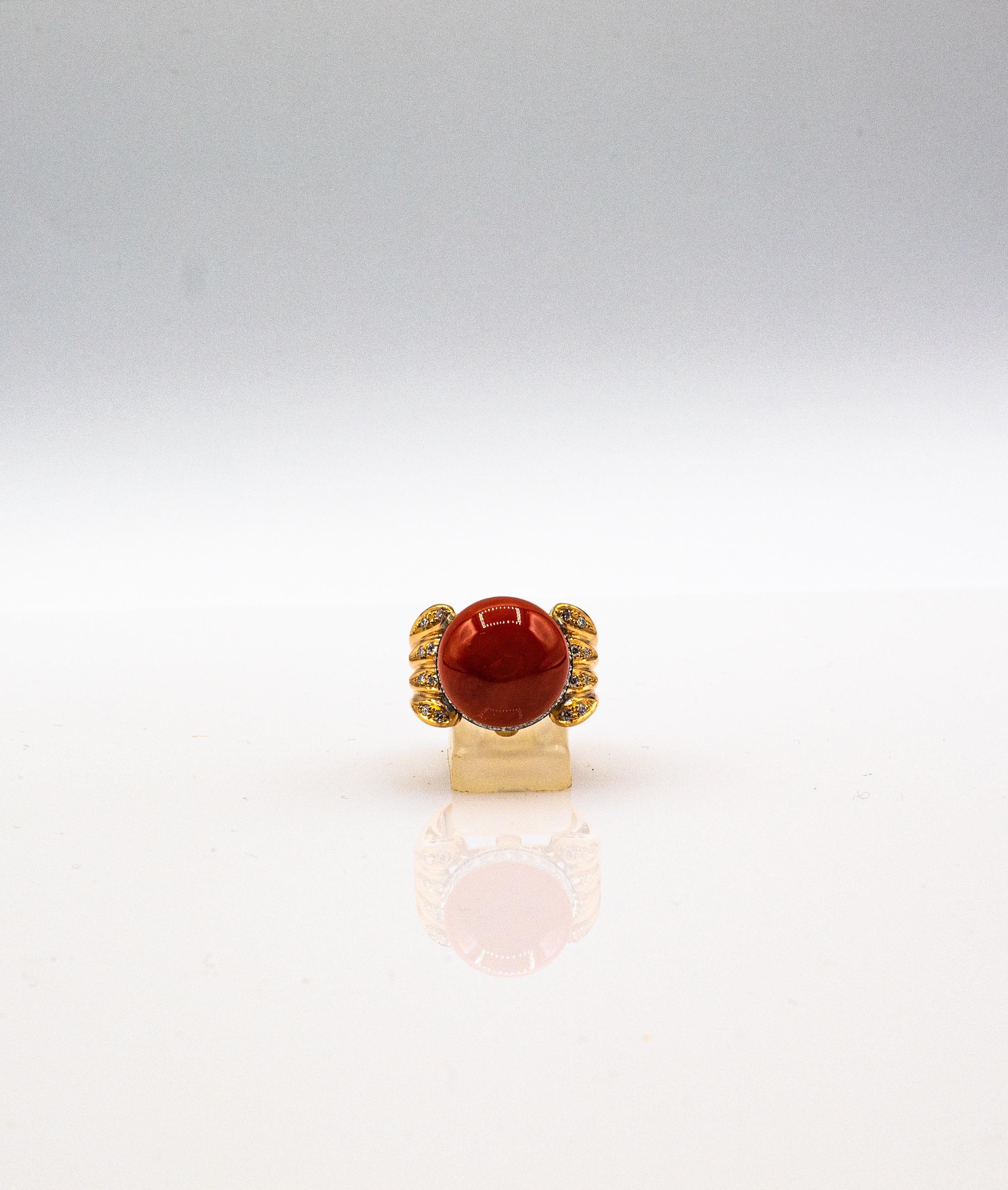 Women's or Men's Art Deco Red Mediterranean Coral White Diamond Emerald Yellow Gold Cocktail Ring