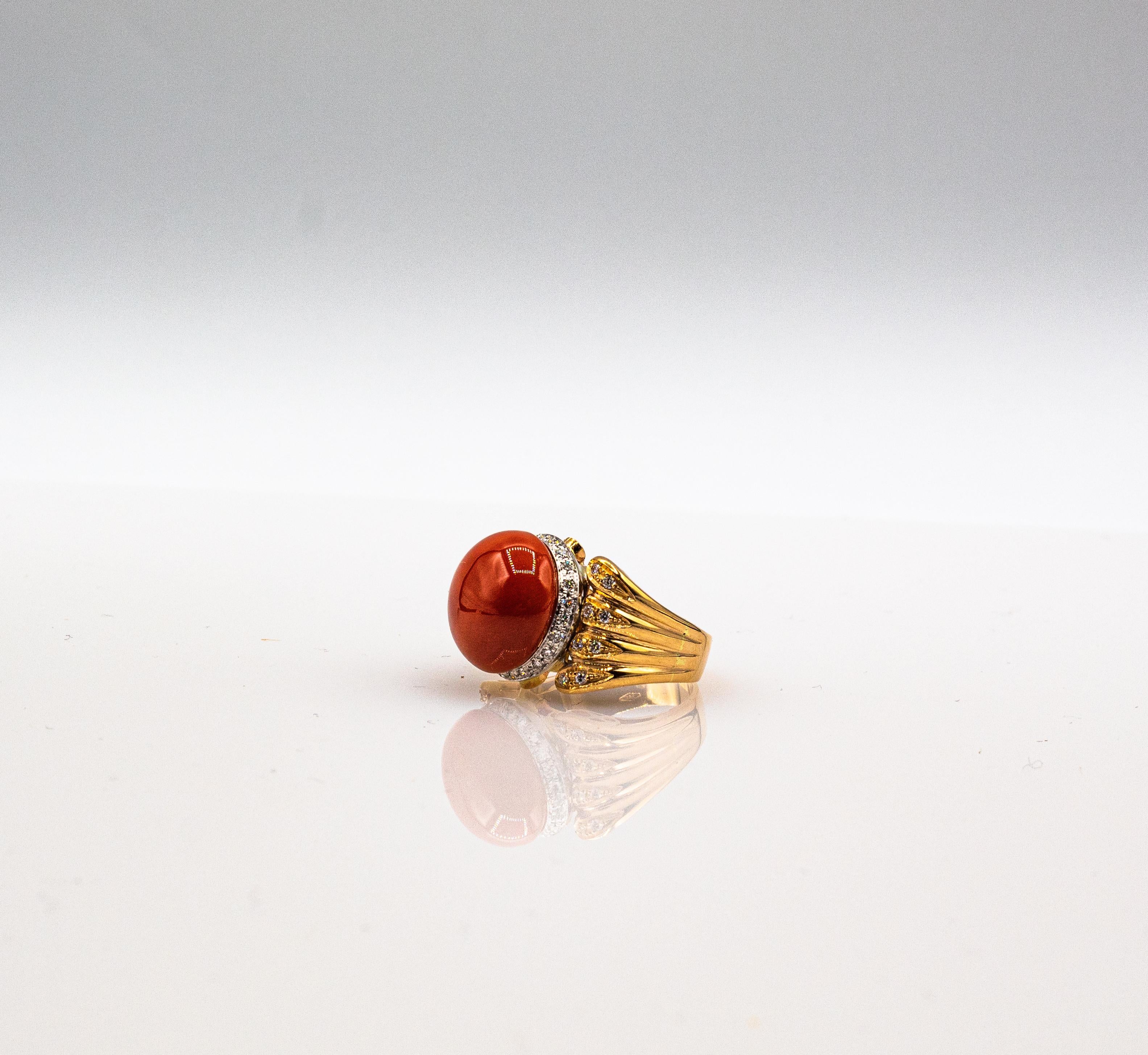 Art Deco Red Mediterranean Coral White Diamond Emerald Yellow Gold Cocktail Ring For Sale 4