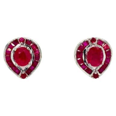 Art Deco Red Ruby Dainty Stud Earrings for Her in 925 Silver For Sale