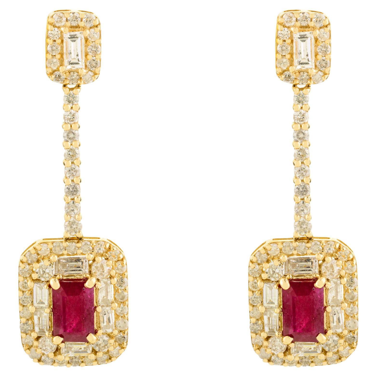 Art Deco Red Ruby & Diamond Drop Earrings in 14k Yellow Gold Perfect Luxury Gift in vendita