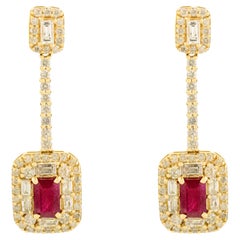 Art Deco Red Ruby & Diamond Drop Earrings in 14k Yellow Gold Perfect Luxury Gift