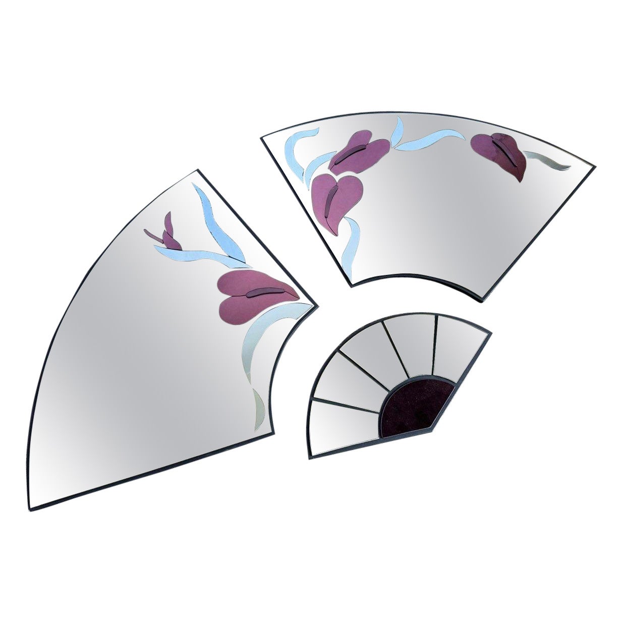 Art Deco Red Sculpted Floral Fan Mirrors by David Marshal - 3 Pieces For Sale
