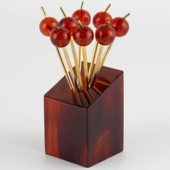 Art Deco Red Tea Amber Bakelite Barware Cocktail Picks Set, circa 1930
