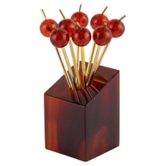 Art Deco Red Tea Amber Bakelite Barware Cocktail Picks Set, circa 1930