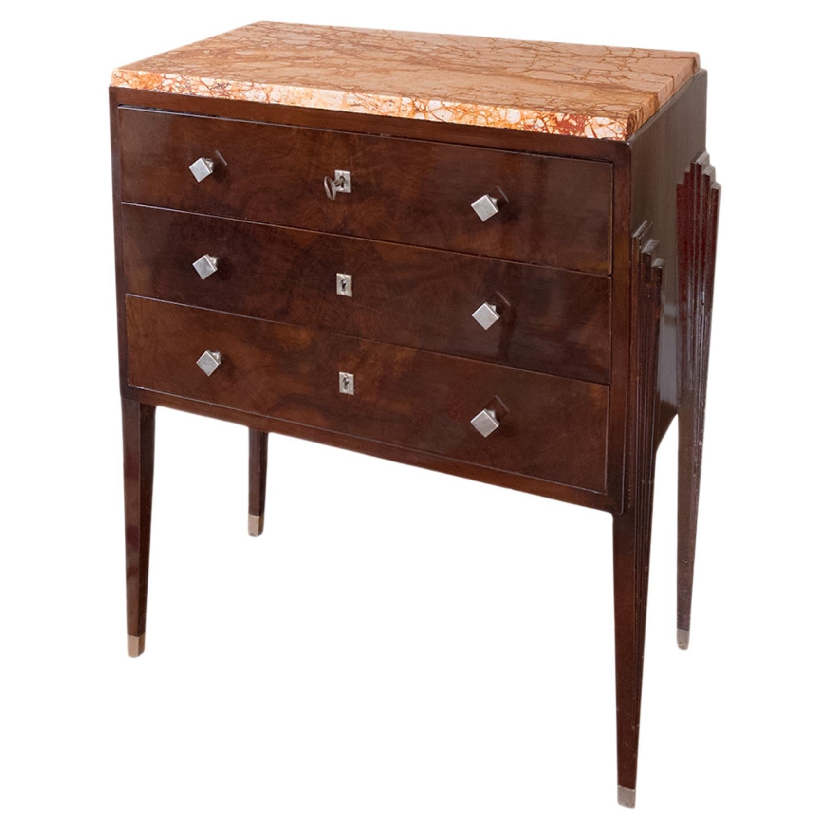 Magnificent three-drawer commode with a lacquered finish and chrome hardware. A sophisticated piece made from rare red Verona marble that was quarried in Verona, Italy. Excellent as a dining, living, or bedroom side table.