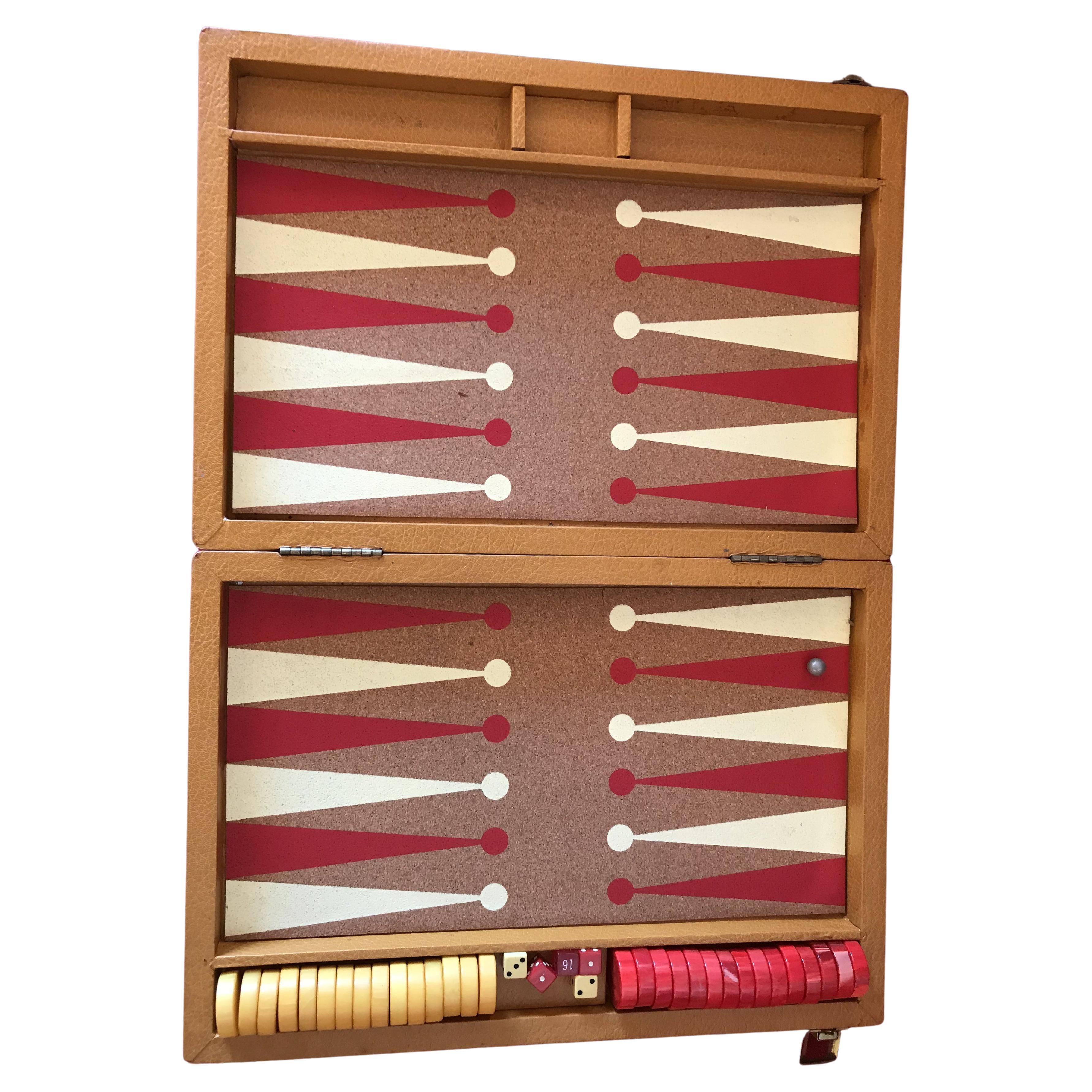 Art Deco Red & White Cork & Bakelite Folding Backgammon Game Set in a Wood Case