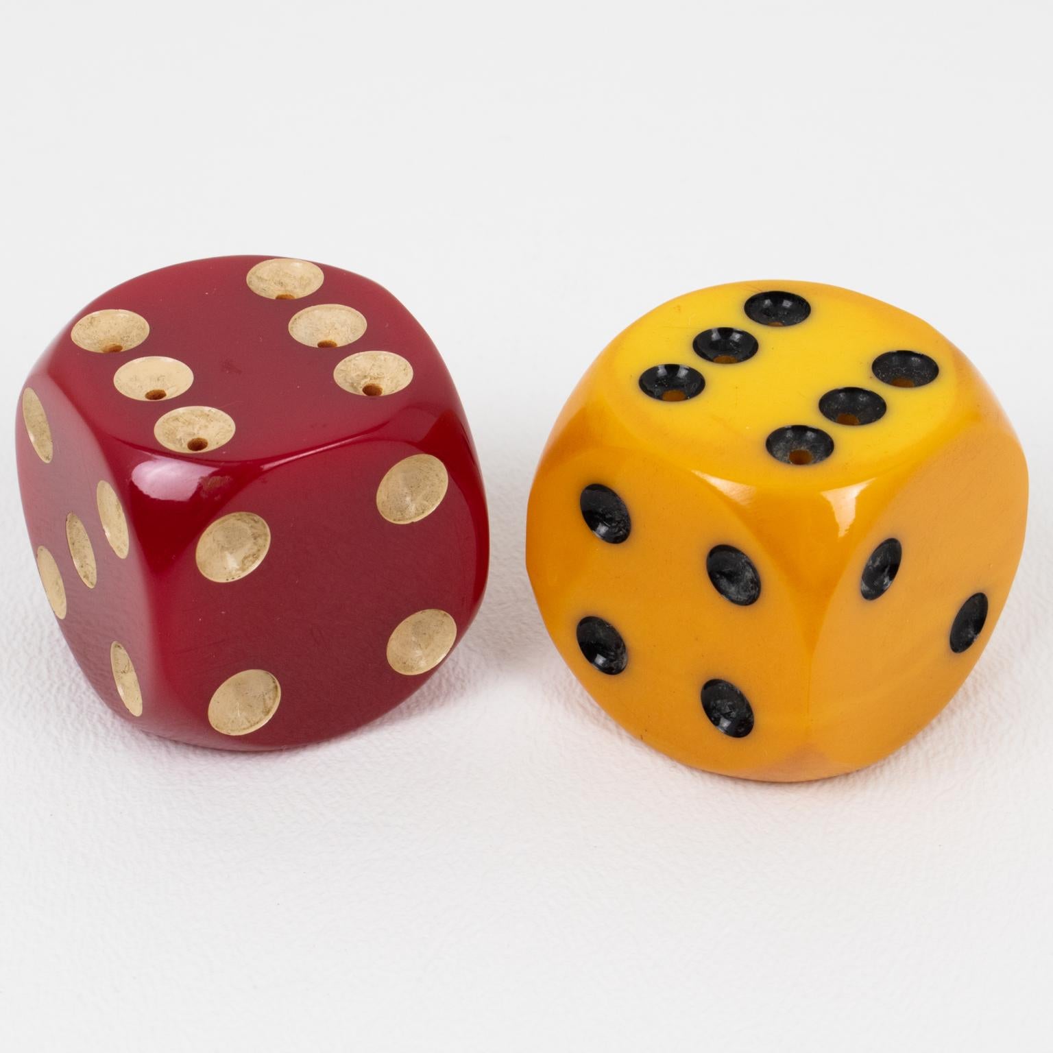 Art Deco Red, Yellow Bakelite Dice-Shaped Condiment Salt and Pepper Shakers 1