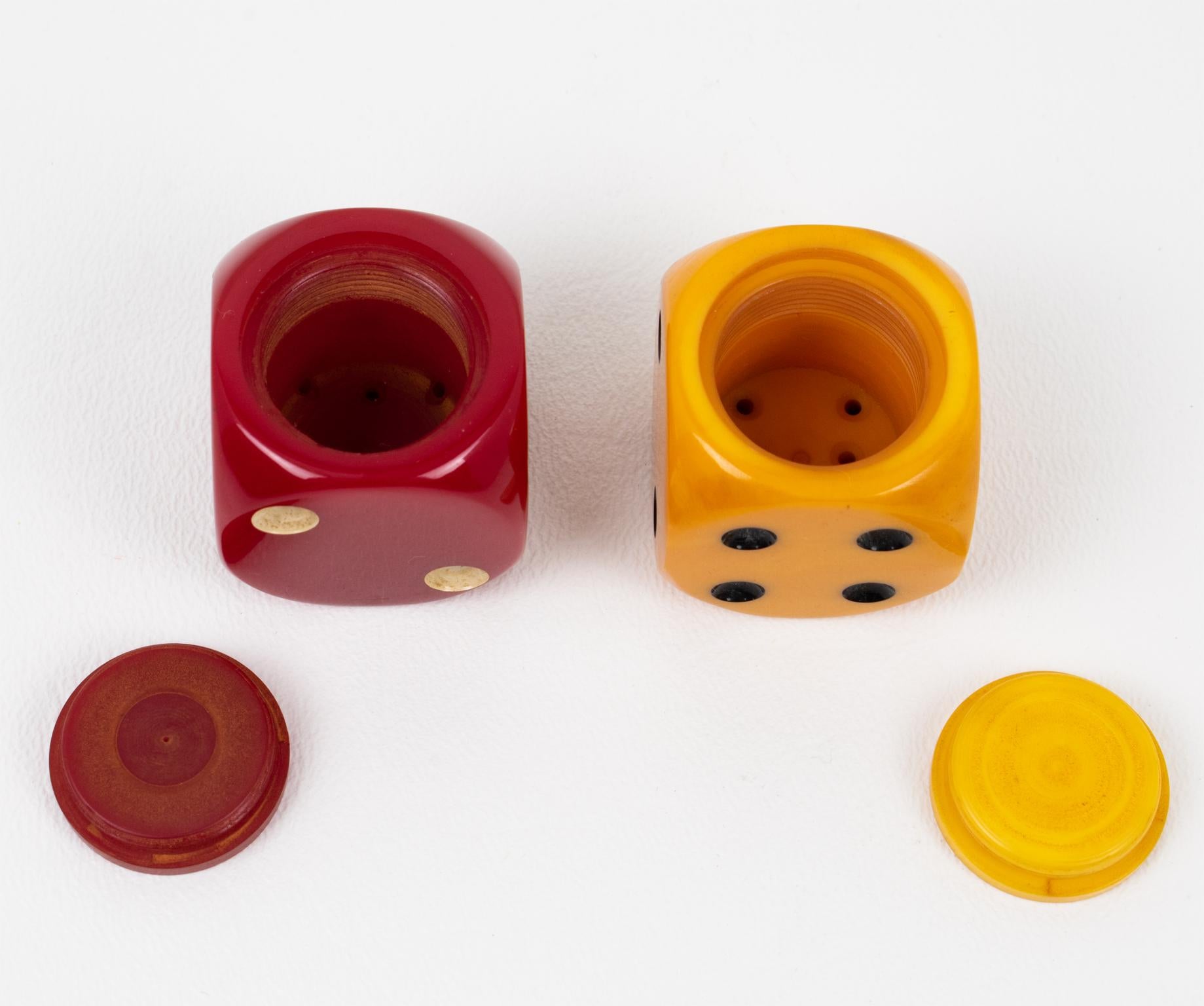 Mid-20th Century Art Deco Red, Yellow Bakelite Dice-Shaped Condiment Salt and Pepper Shakers Set For Sale