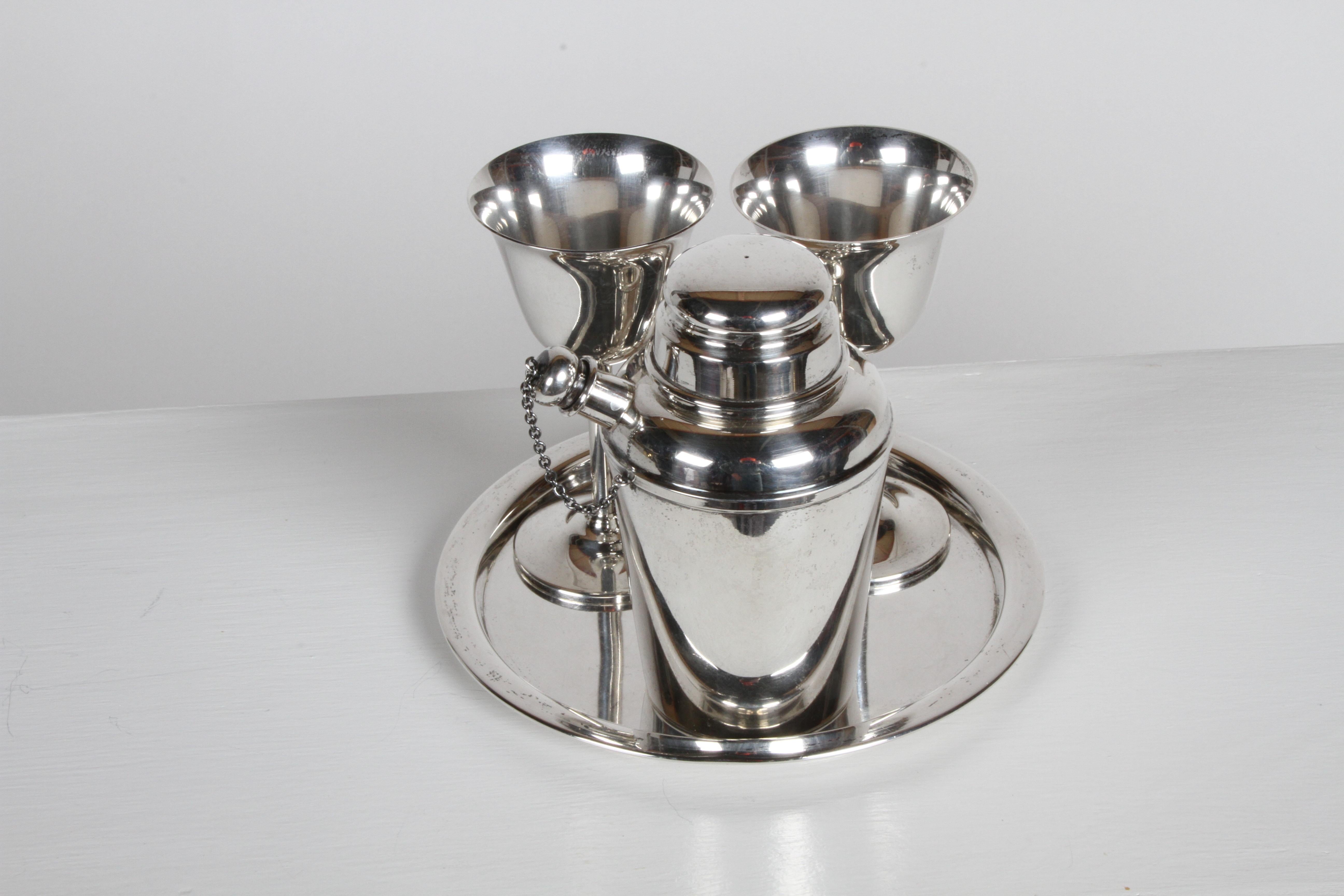 Mid-Century Modern Art Deco Reed & Barton Sterling x110 Cocktail Shaker Set with Tray & Two Goblets