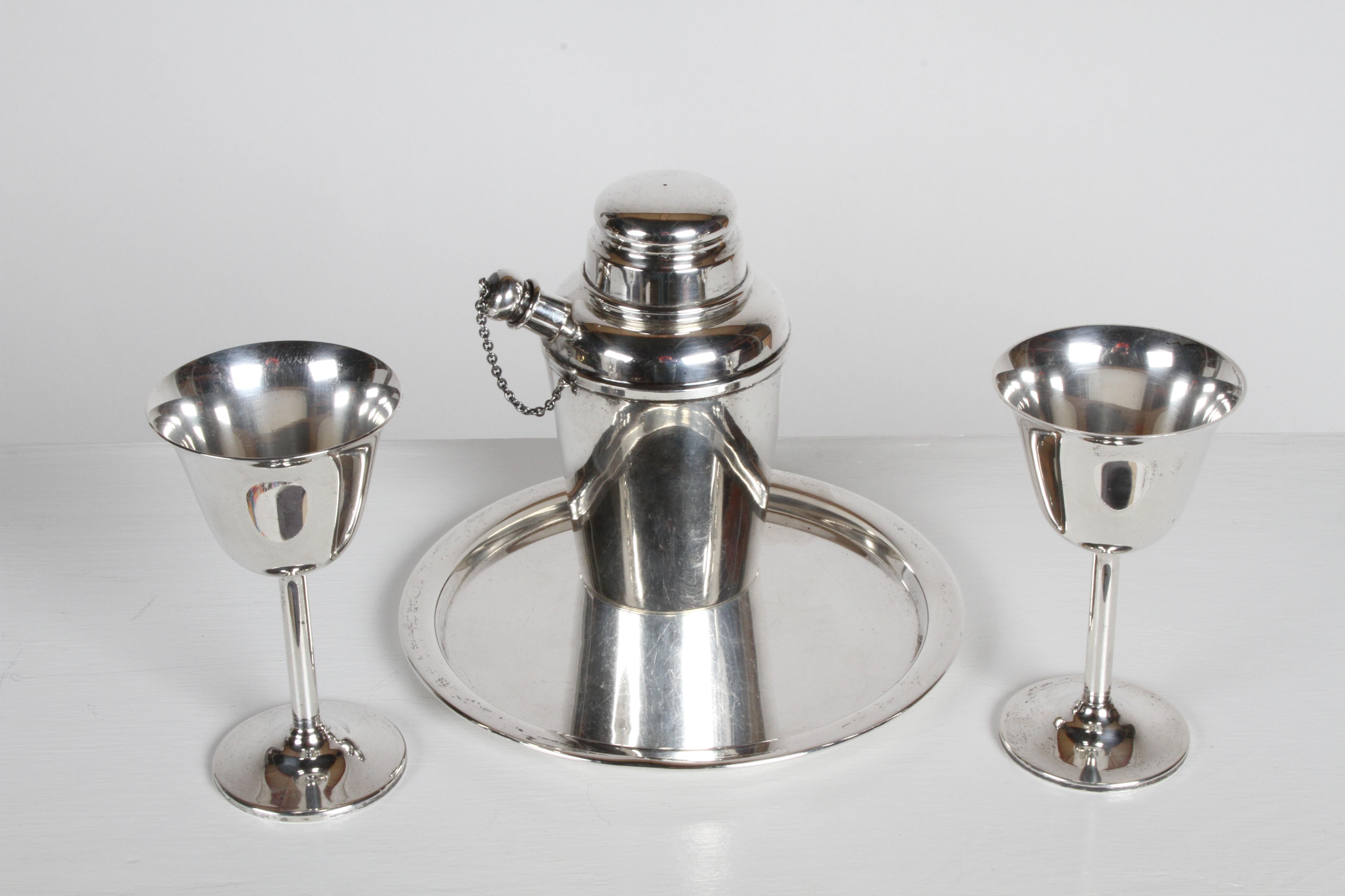 American Art Deco Reed & Barton Sterling x110 Cocktail Shaker Set with Tray & Two Goblets