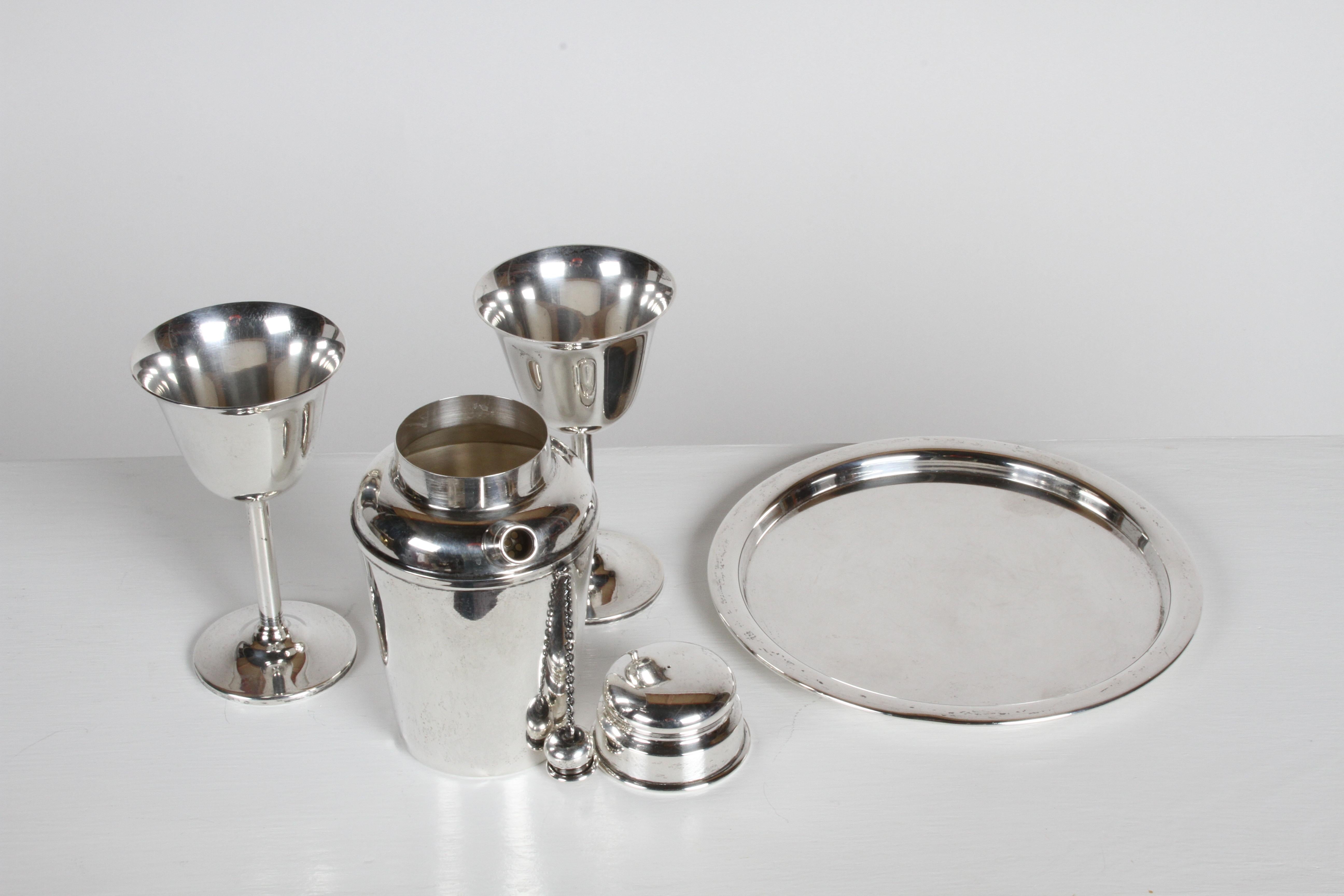 Mid-20th Century Art Deco Reed & Barton Sterling x110 Cocktail Shaker Set with Tray & Two Goblets