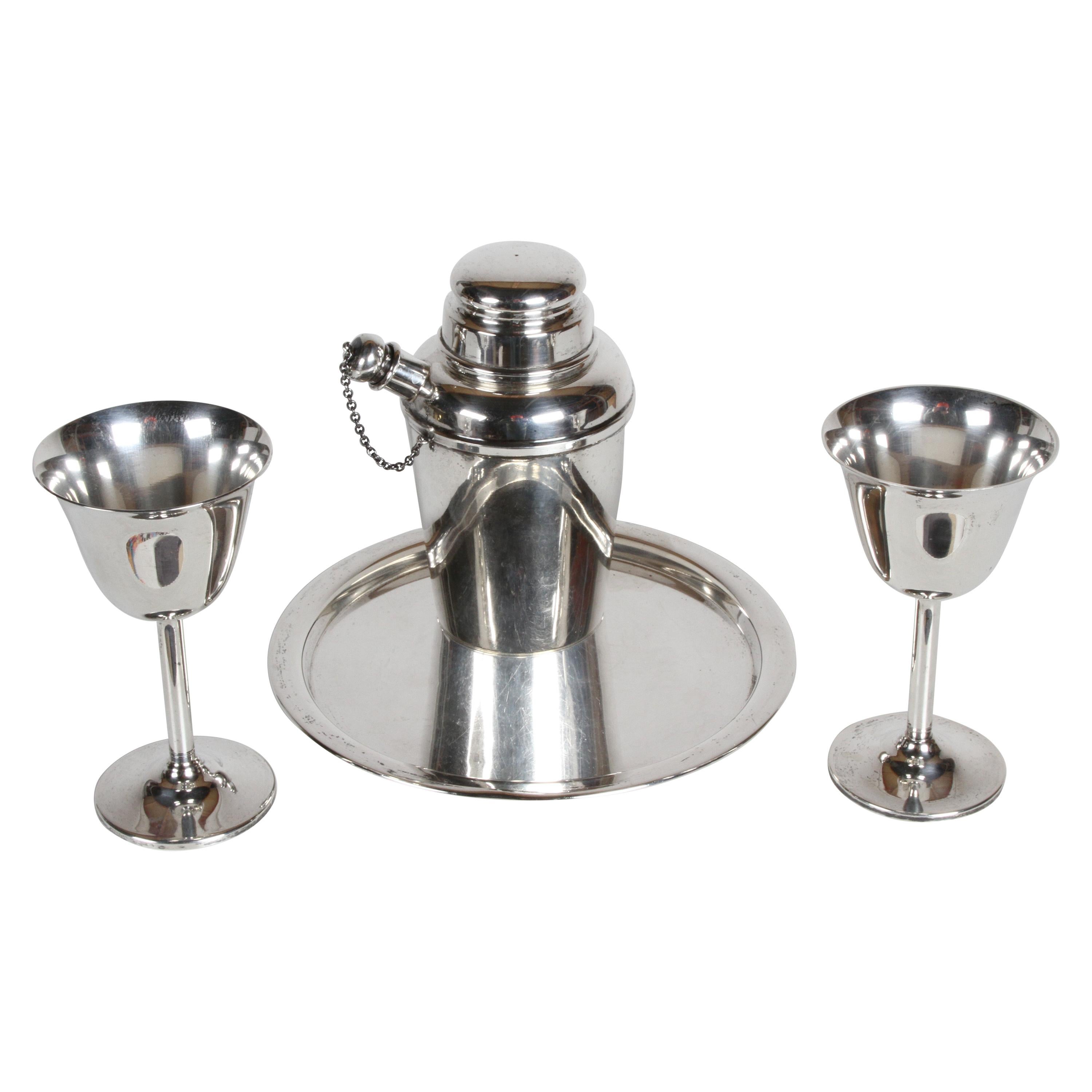 Art Deco Reed & Barton Sterling x110 Cocktail Shaker Set with Tray & Two Goblets