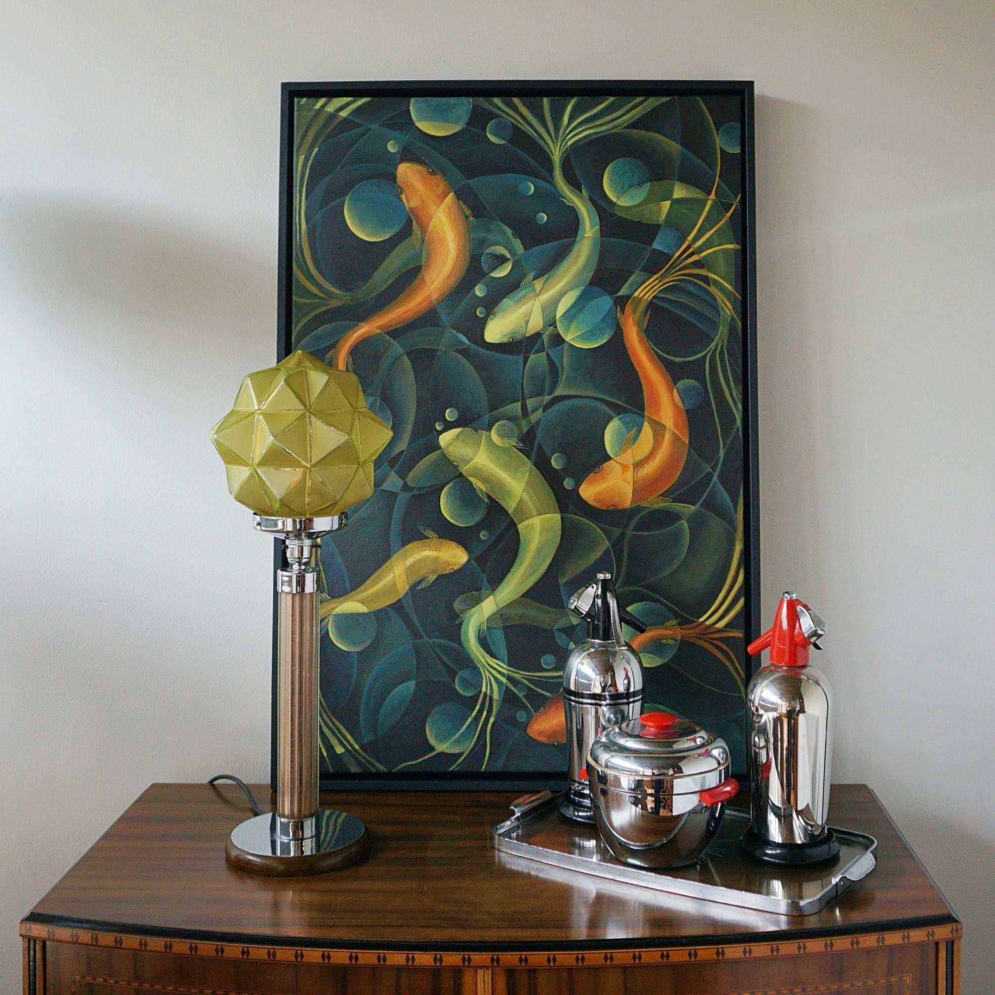 20th Century Art Deco Reeded Glass and Chromed Metal Table Lamp For Sale