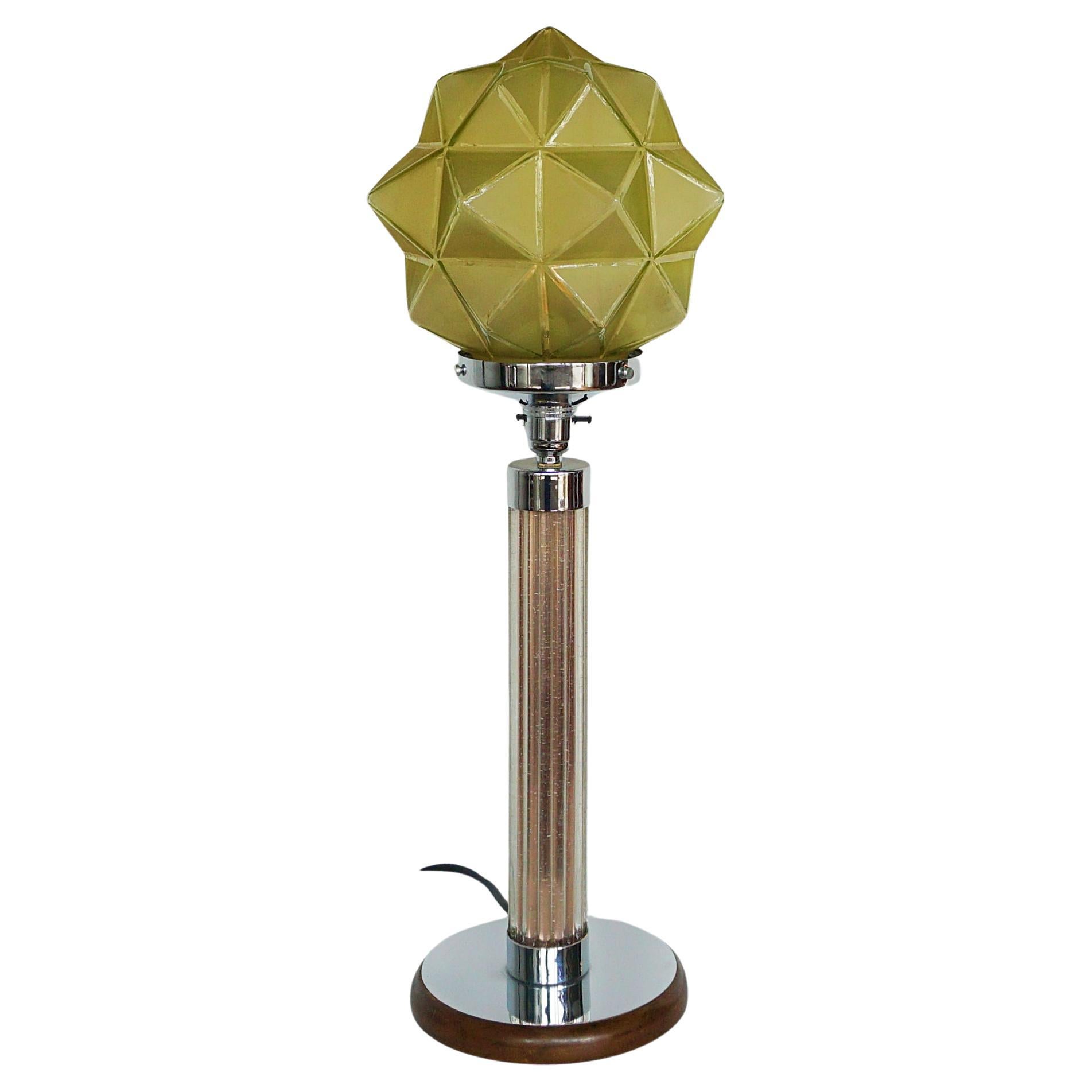 Art Deco Reeded Glass and Chromed Metal Table Lamp