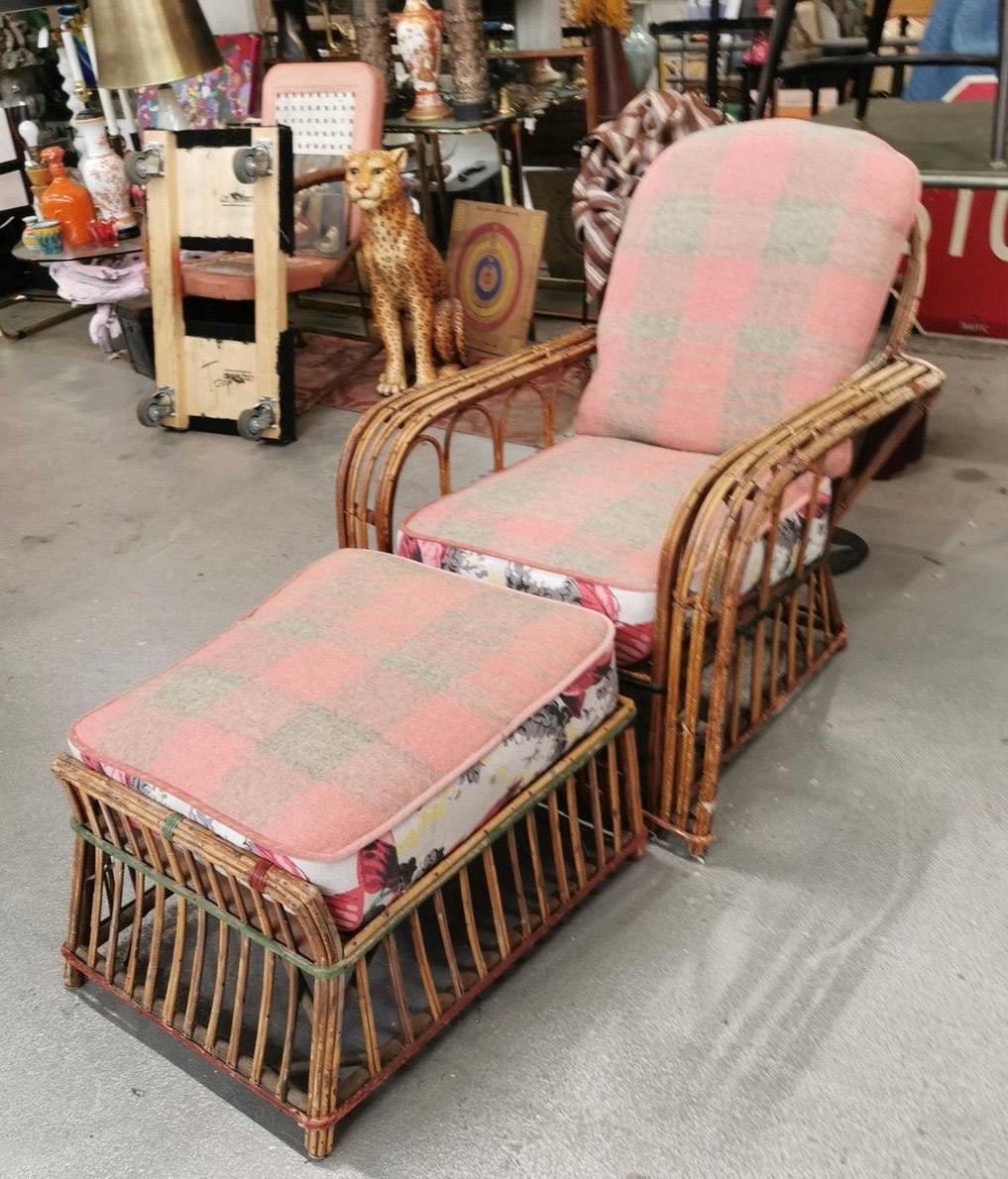 American Art Deco Reeded Rattan Lounge Chair and Ottoman