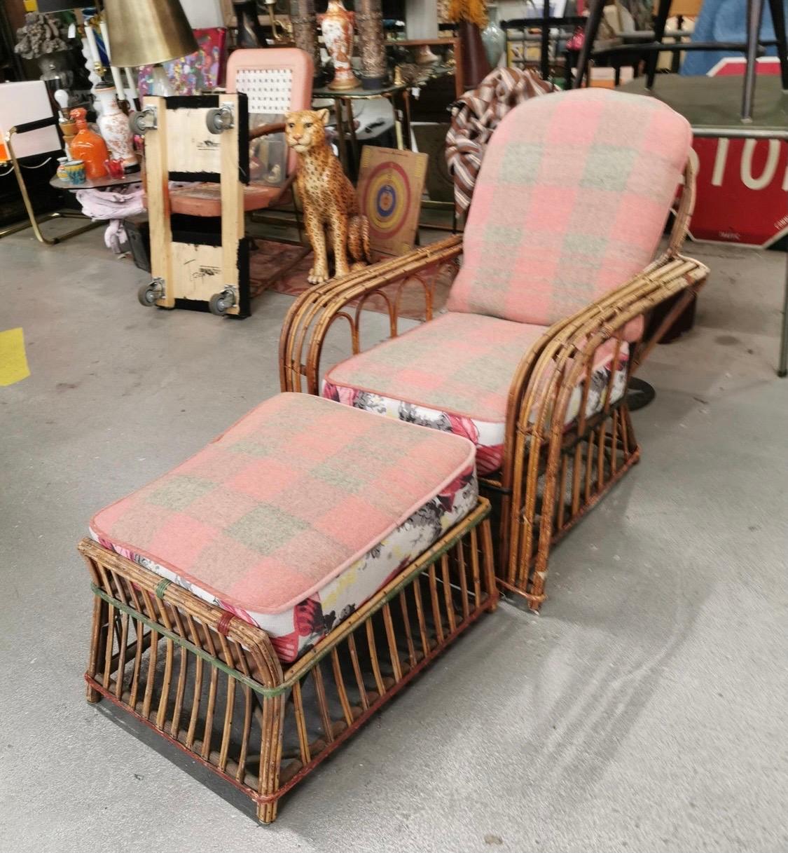 Art Deco Reeded Rattan Lounge Chair and Ottoman 1