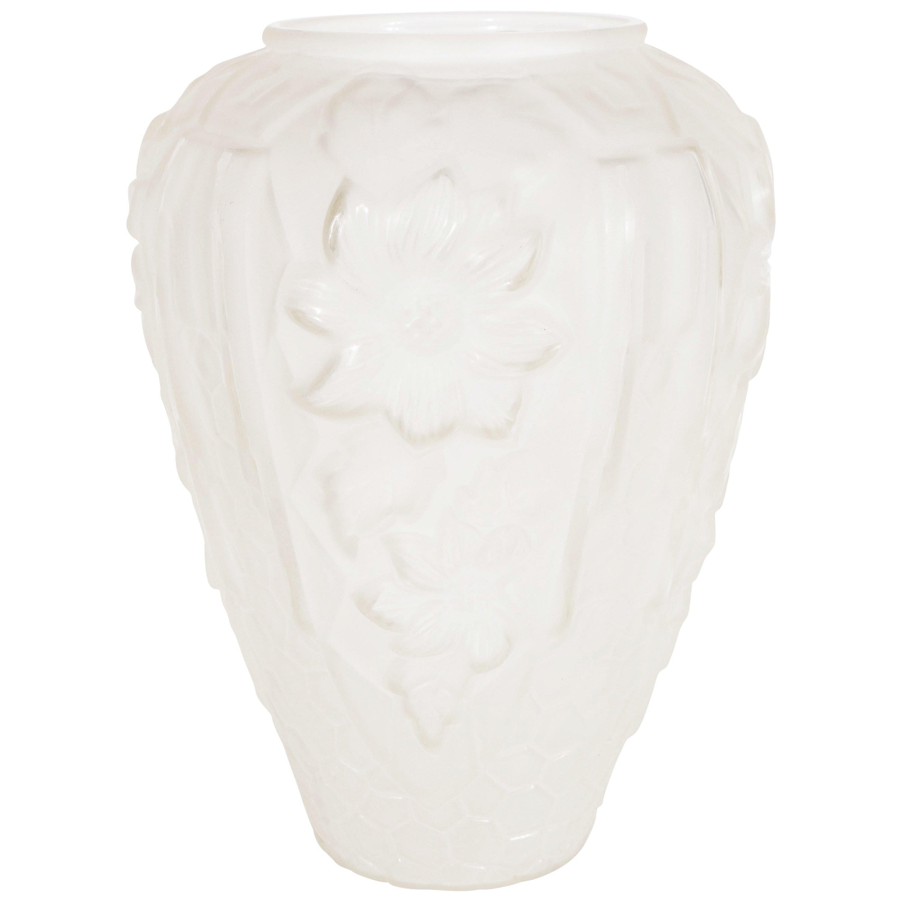 Art Deco Relief Frosted Glass Vase with Cubist  Floral and Geometric Design