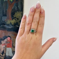 Art Deco Renaissance Inspired Emerald Diamond Platinum Ring
