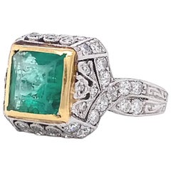 Art Deco Renaissance Inspired Emerald Diamond Platinum Ring