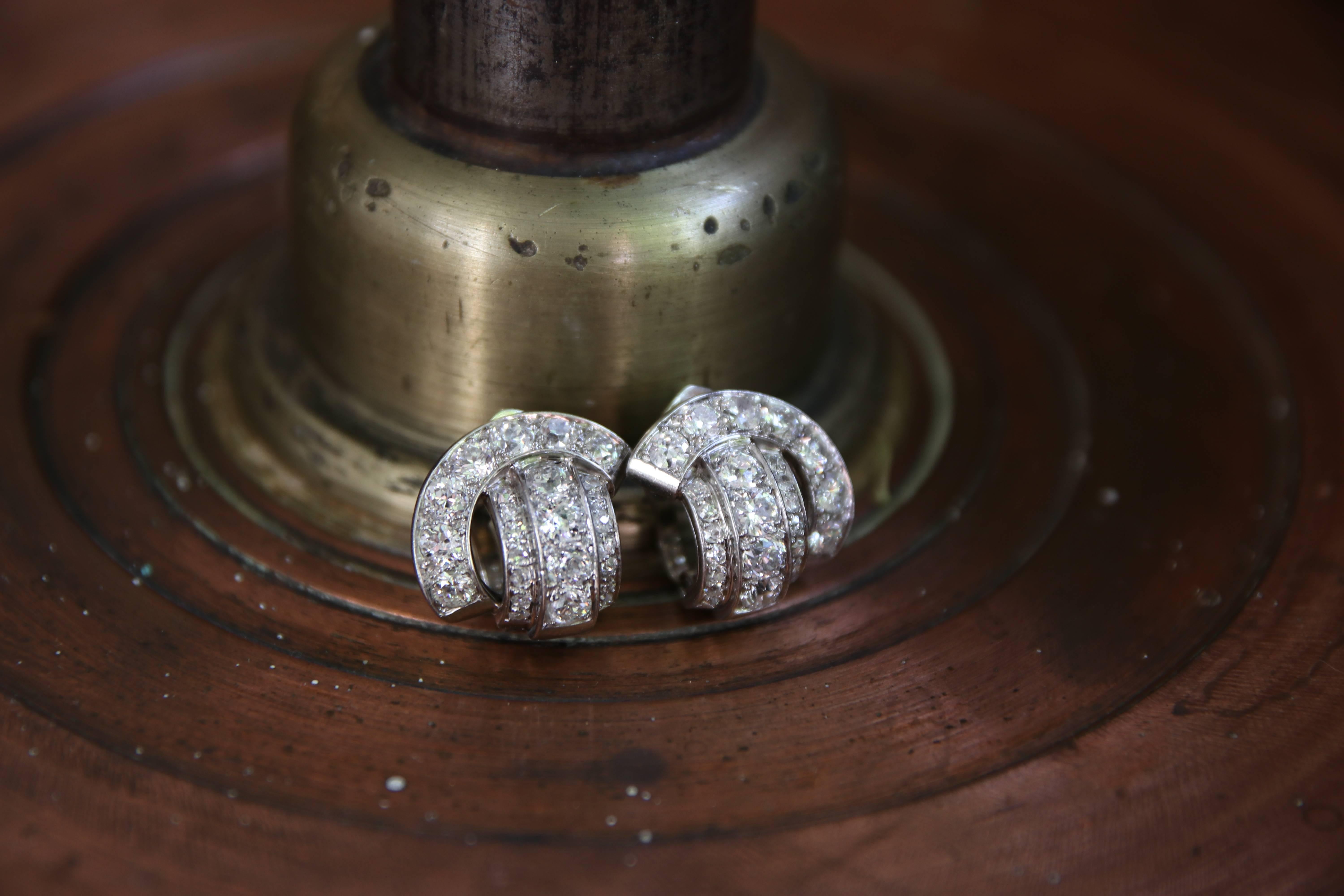 Women's Art Deco René Boivin Certified Francoise Cailles Diamond Platinum Earclips For Sale