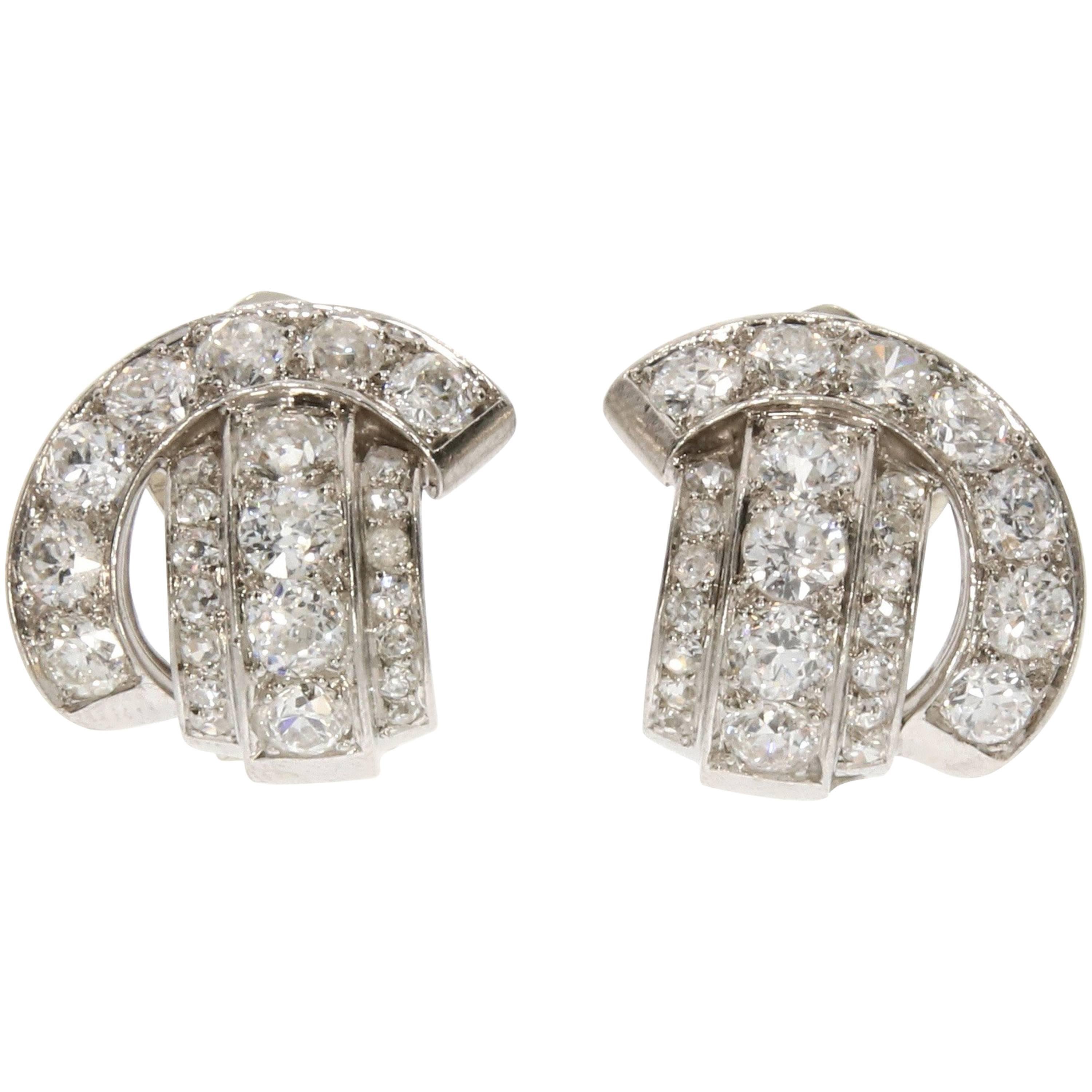 Art Deco René Boivin Certified Francoise Cailles Diamond Platinum Earclips For Sale