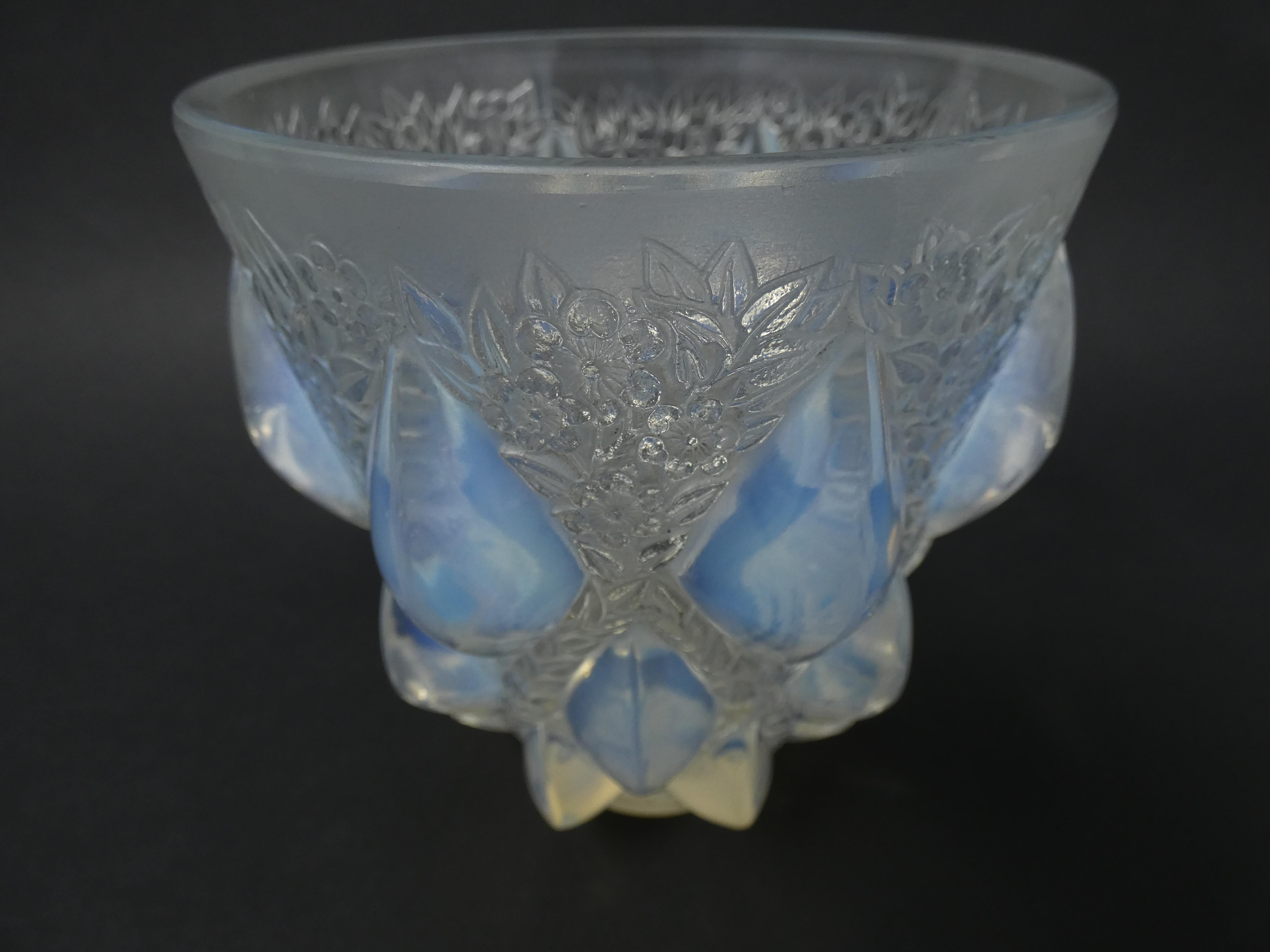 Rene Lalique opalescent glass 'Rampillion' vase. Moulded makers mark, 'R. Lalique '. And stencilled, 'FRANCE'. Book reference: Marcilhac 991.