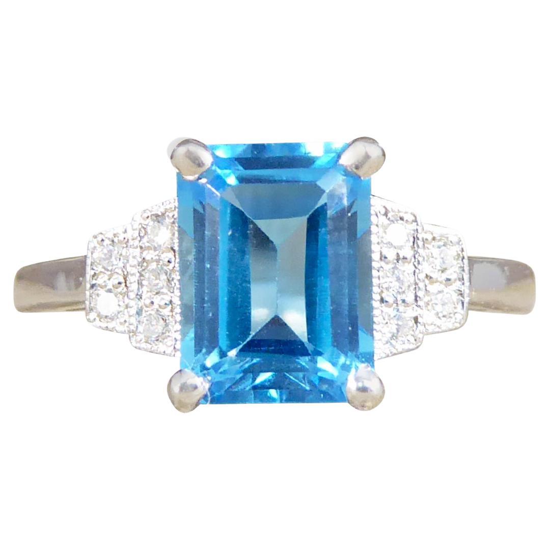 Art Deco Replica Blue Topaz and Diamond Ring in 9ct White Gold