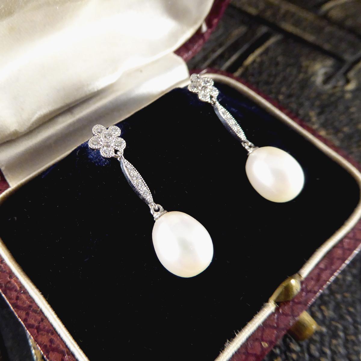 Brilliant Cut Art Deco Replica Daisy Cluster Diamond Pearl Drop Earrings in 18ct White Gold