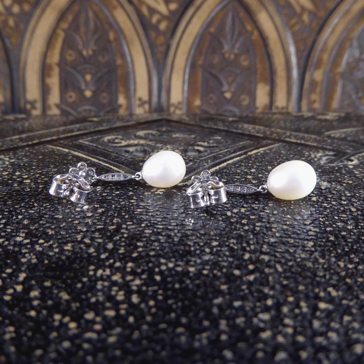Women's or Men's Art Deco Replica Daisy Cluster Diamond Pearl Drop Earrings in 18ct White Gold