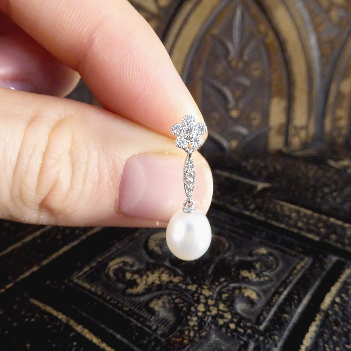 Art Deco Replica Daisy Cluster Diamond Pearl Drop Earrings in 18ct White Gold 1