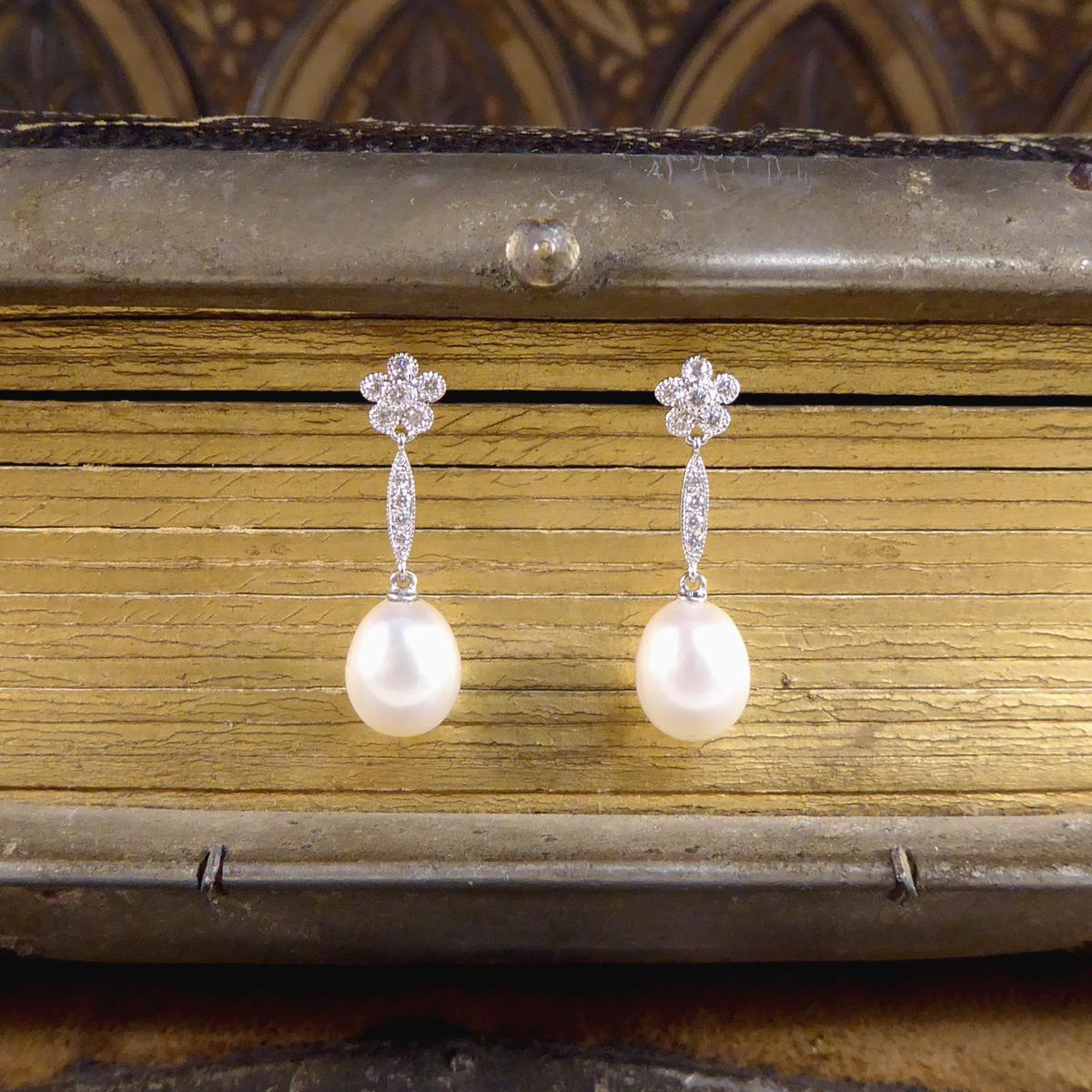 Art Deco Replica Daisy Cluster Diamond Pearl Drop Earrings in 18ct White Gold 3