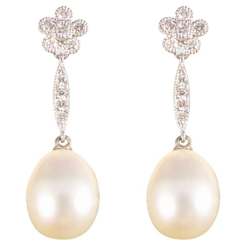 Art Deco Replica Daisy Cluster Diamond Pearl Drop Earrings in 18ct White Gold