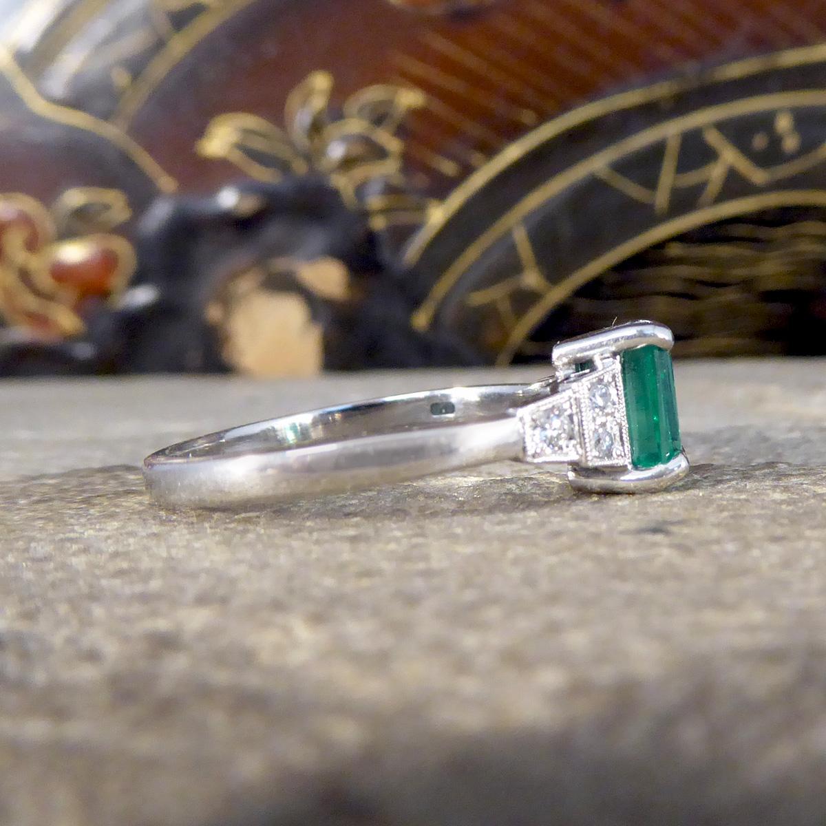 Emerald Cut Art Deco Replica Emerald and Diamond Staged Shoulder Ring in Platinum For Sale