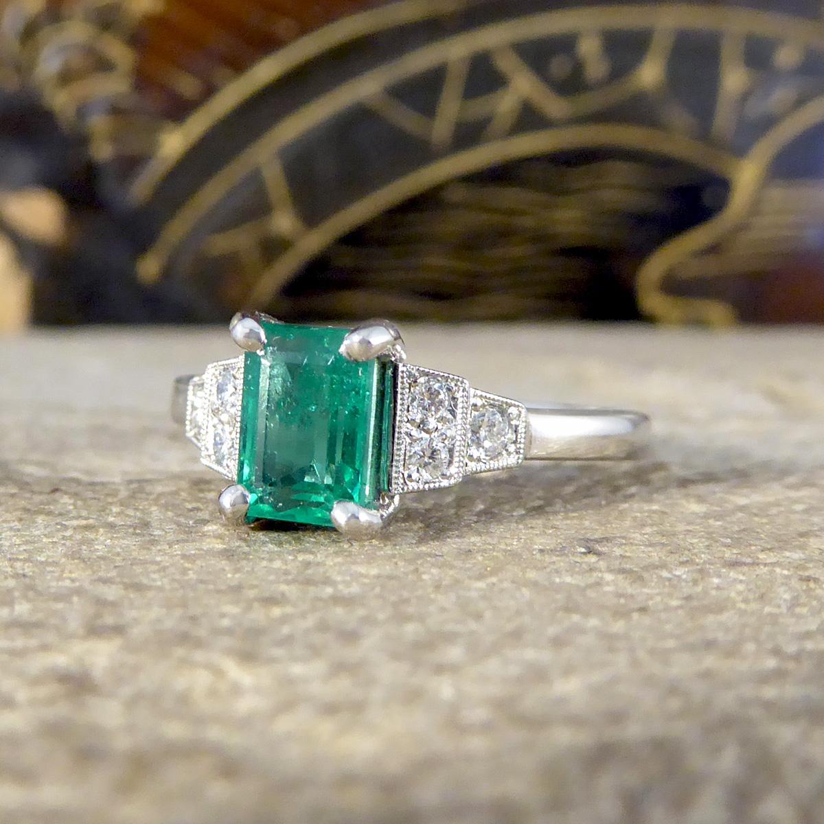 Women's or Men's Art Deco Replica Emerald and Diamond Staged Shoulder Ring in Platinum For Sale