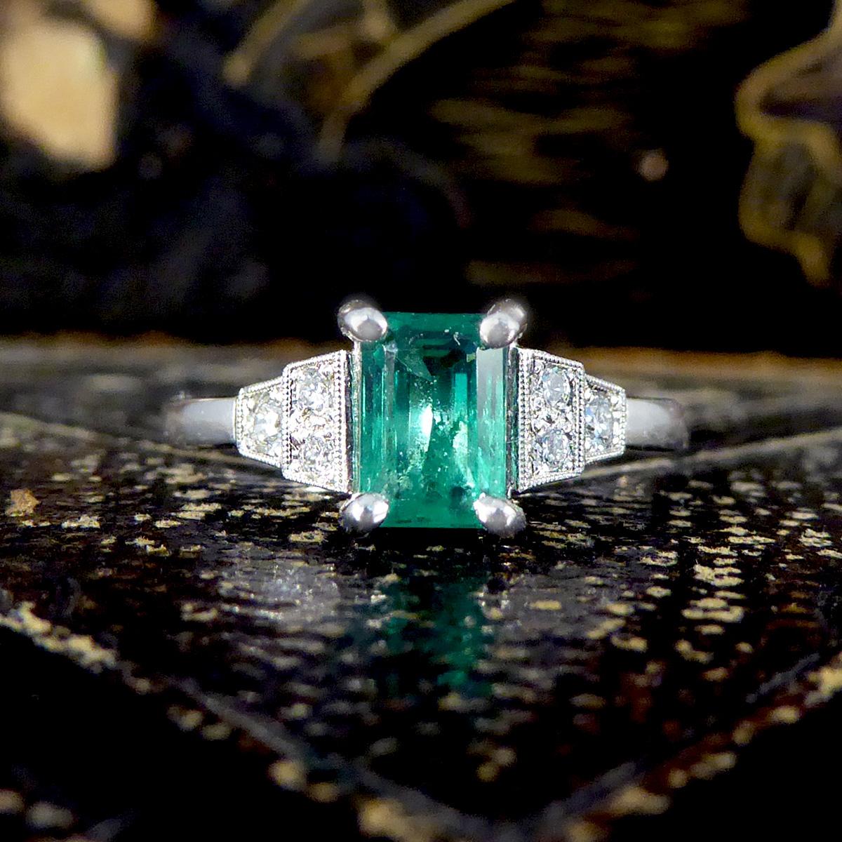 Art Deco Replica Emerald and Diamond Staged Shoulder Ring in Platinum For Sale 3