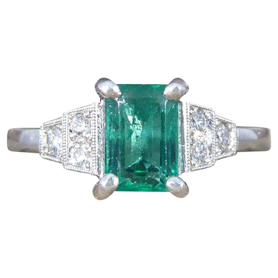 Art Deco Replica Emerald and Diamond Staged Shoulder Ring in Platinum For Sale
