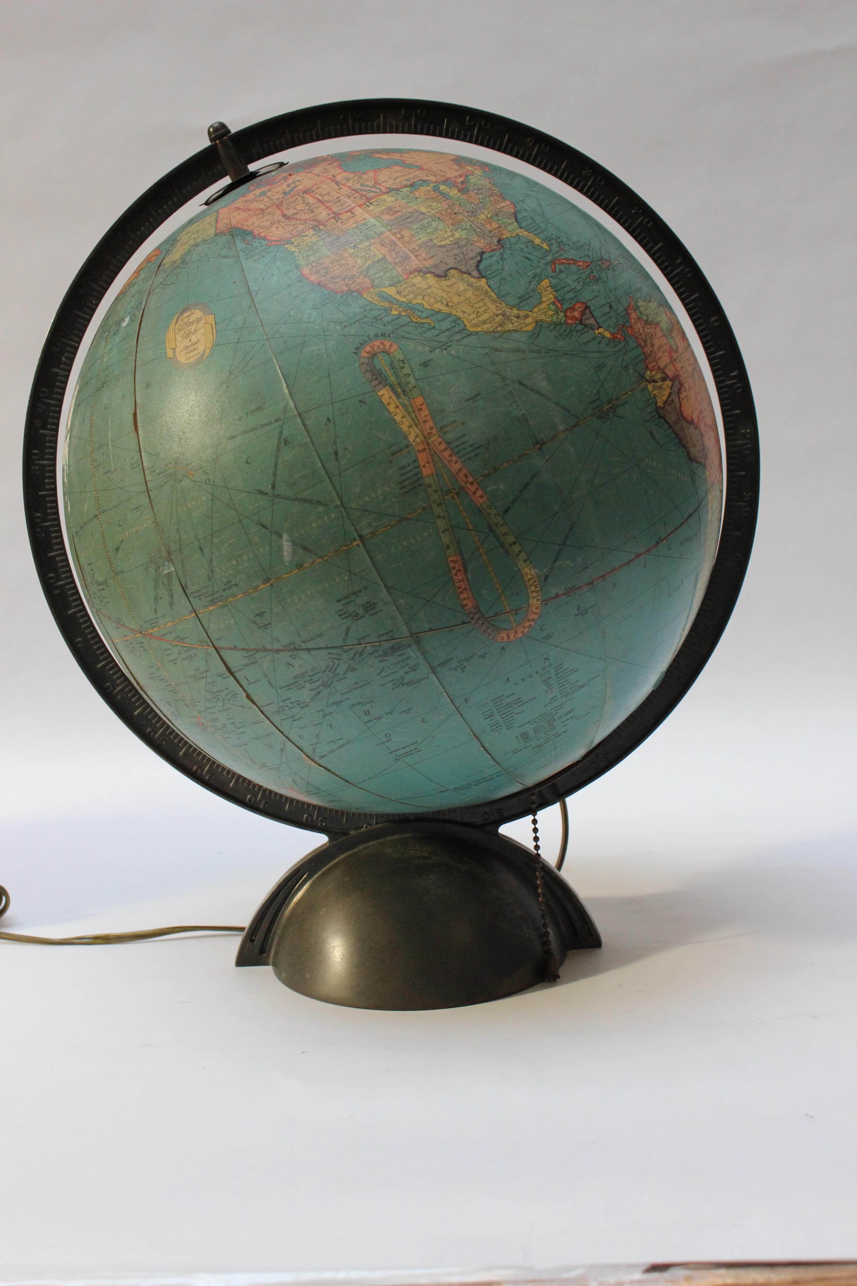 American Art Deco Replogle Illuminated Glass Library Globe For Sale