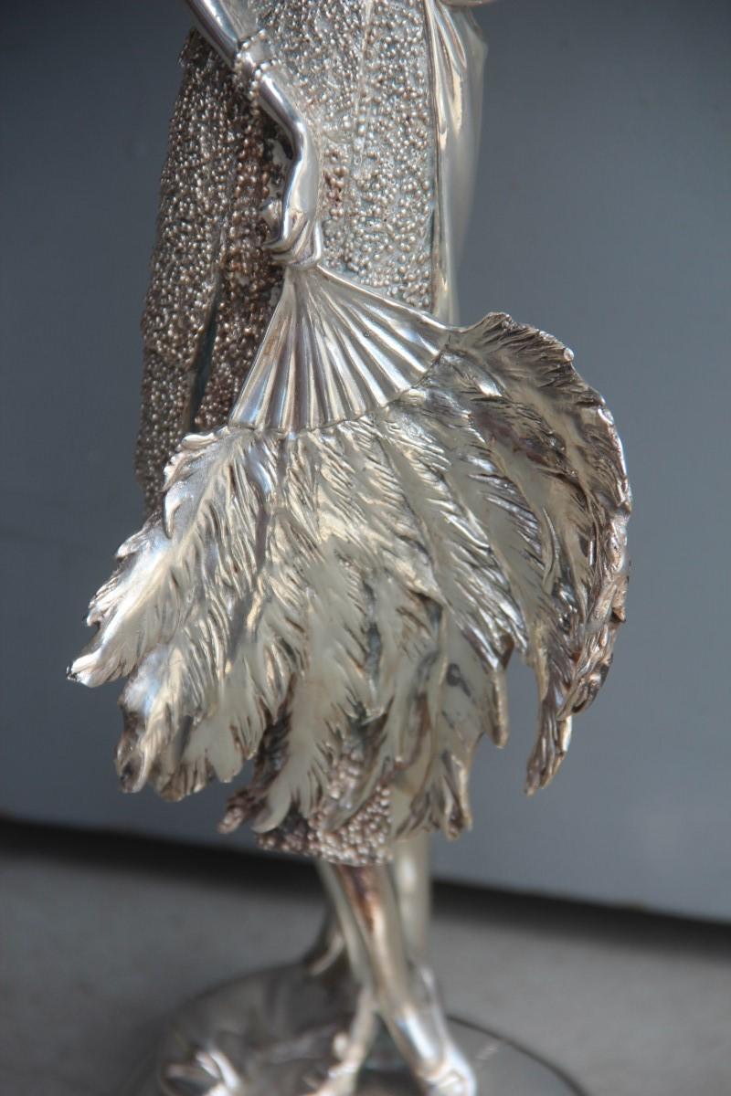 Mid-Century Modern Art Deco Resin Sculpture with Italy 1970 Silver Foil Woman with Fan For Sale