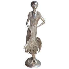 Retro Art Deco Resin Sculpture with Italy 1970 Silver Foil Woman with Fan