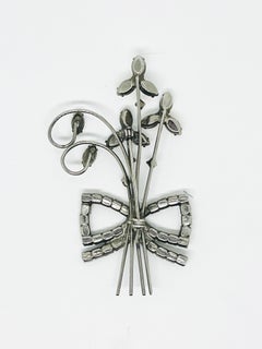 Art Deco Resurgence Three Flower Wire Bouquet with Bow Brooch, Welded Back