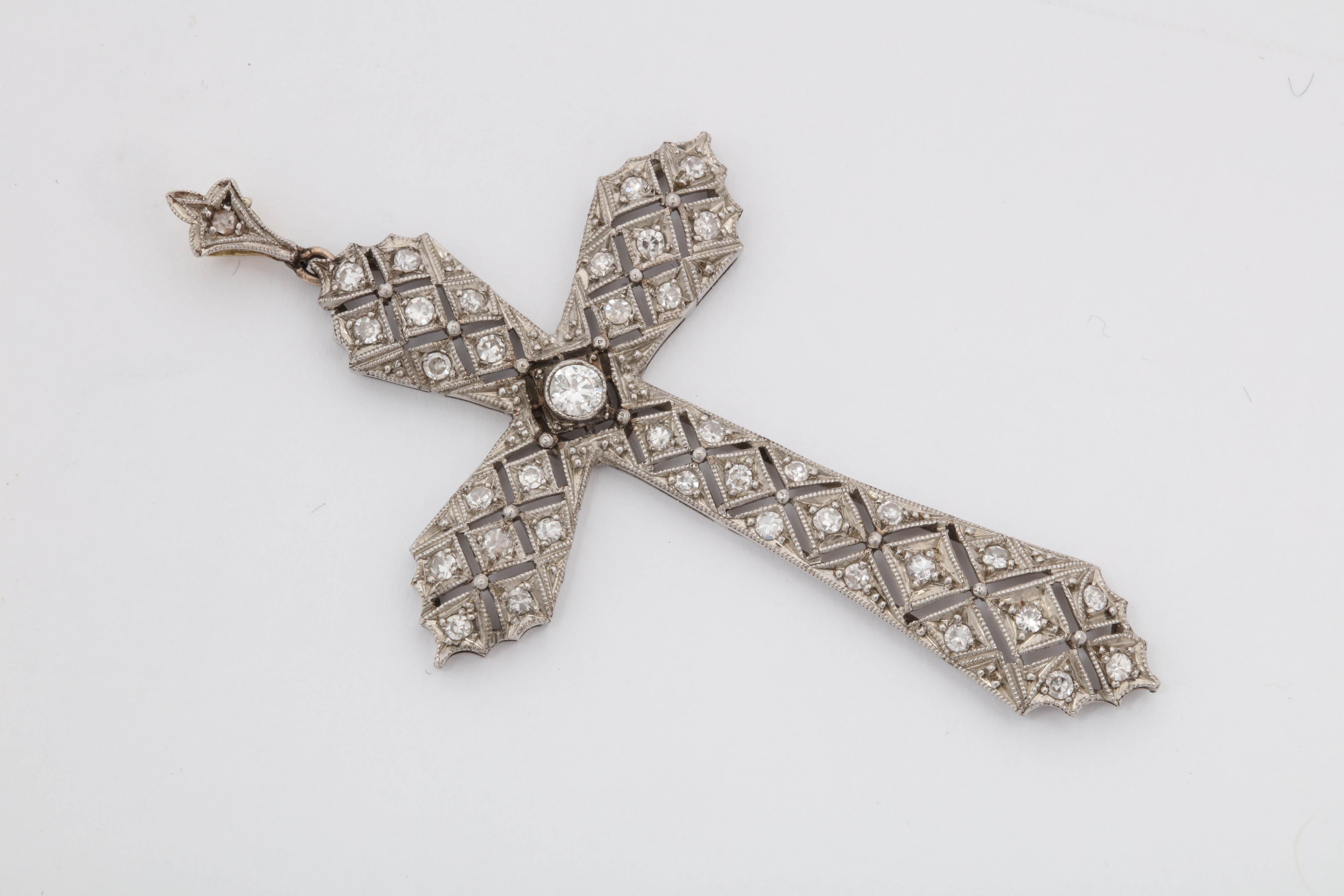 Art Deco Reticulated Diamond Platinum Cross with Diamond Bail In Good Condition In New York, NY