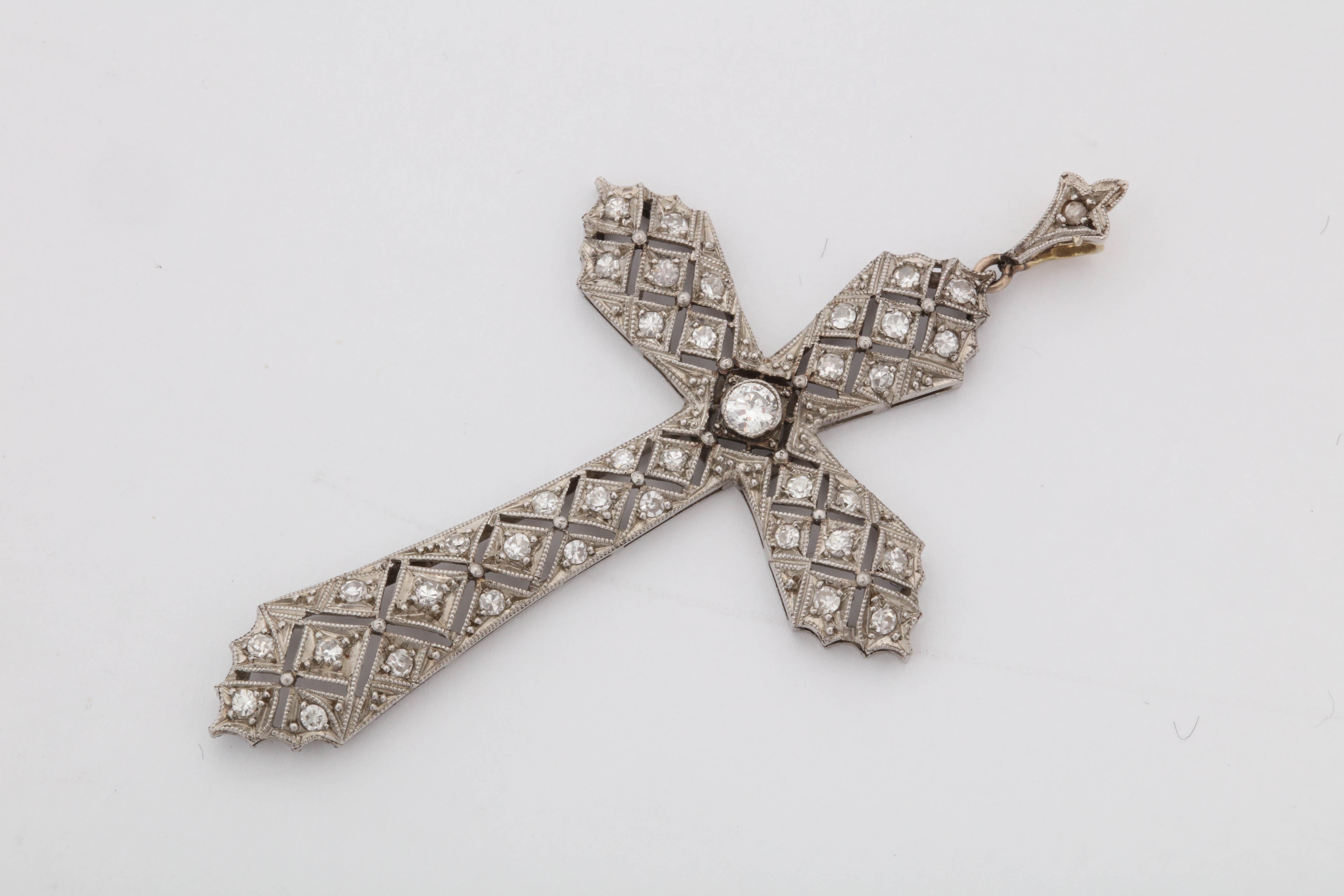 Women's Art Deco Reticulated Diamond Platinum Cross with Diamond Bail
