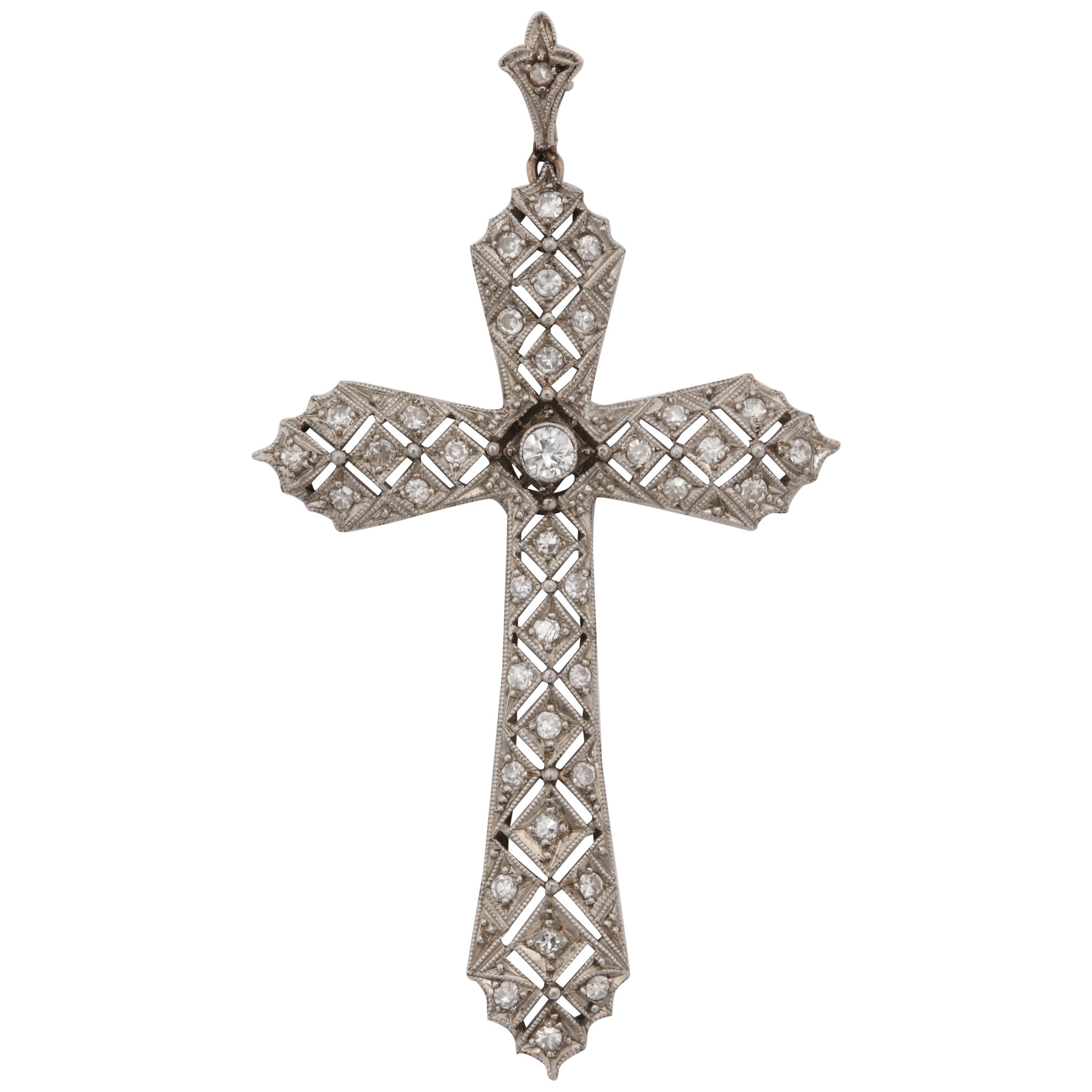 Art Deco Reticulated Diamond Platinum Cross with Diamond Bail