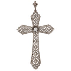 Art Deco Reticulated Diamond Platinum Cross with Diamond Bail