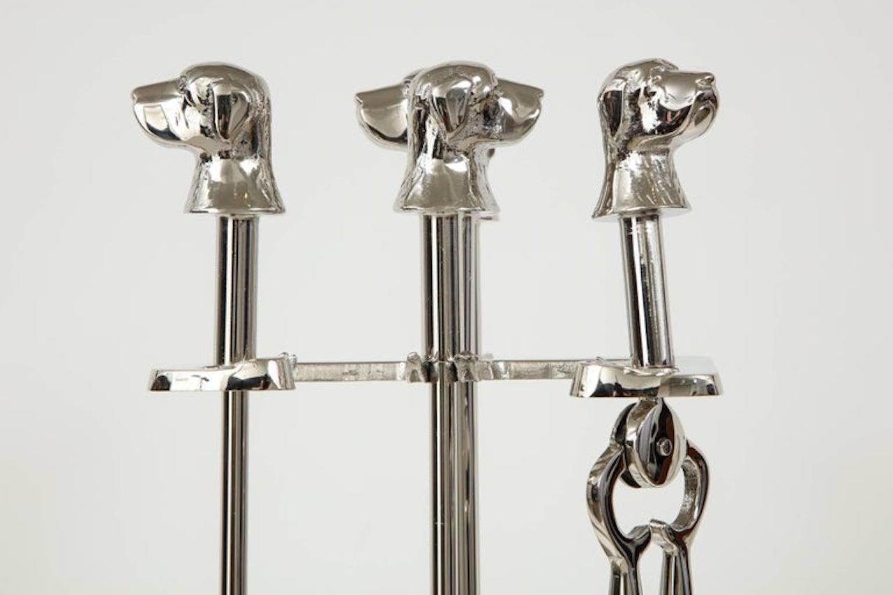 Polished Art Deco Retriever Head Fireplace Tool Set For Sale