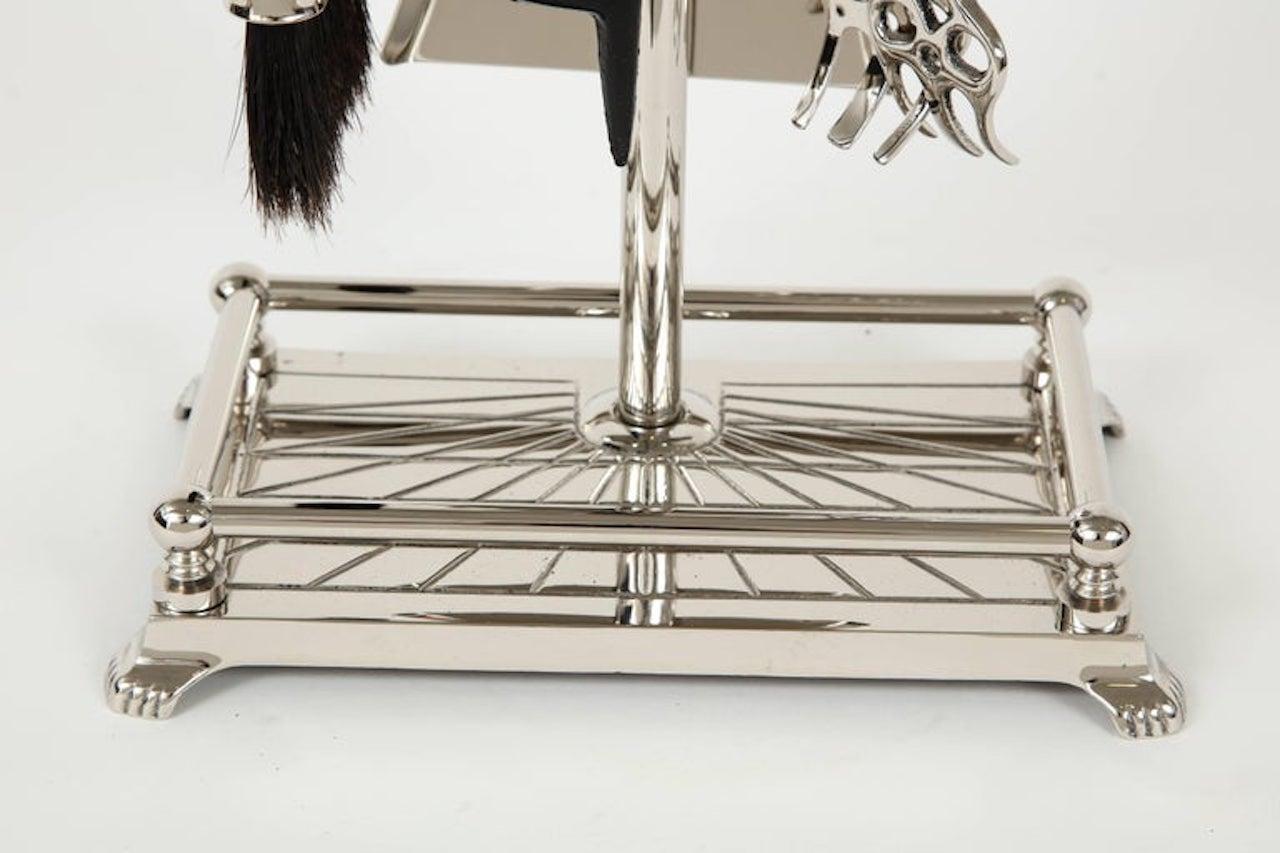 Nickel Art Deco Retriever Head Fireplace Tool Set For Sale