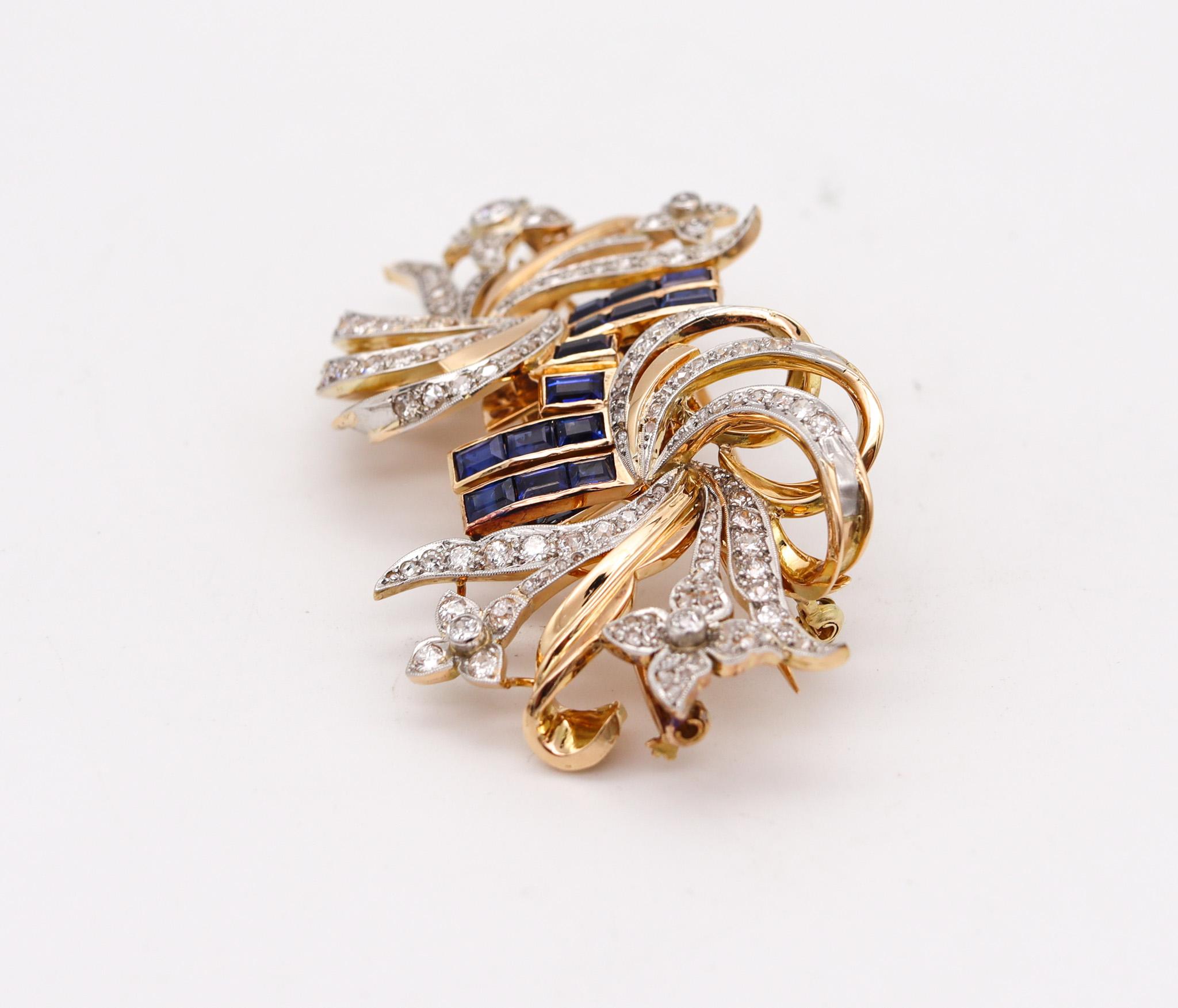 Old European Cut Art Deco Retro 1935 Convertible Clips 18kt Gold with 7.08ctw Diamonds & Spinels
