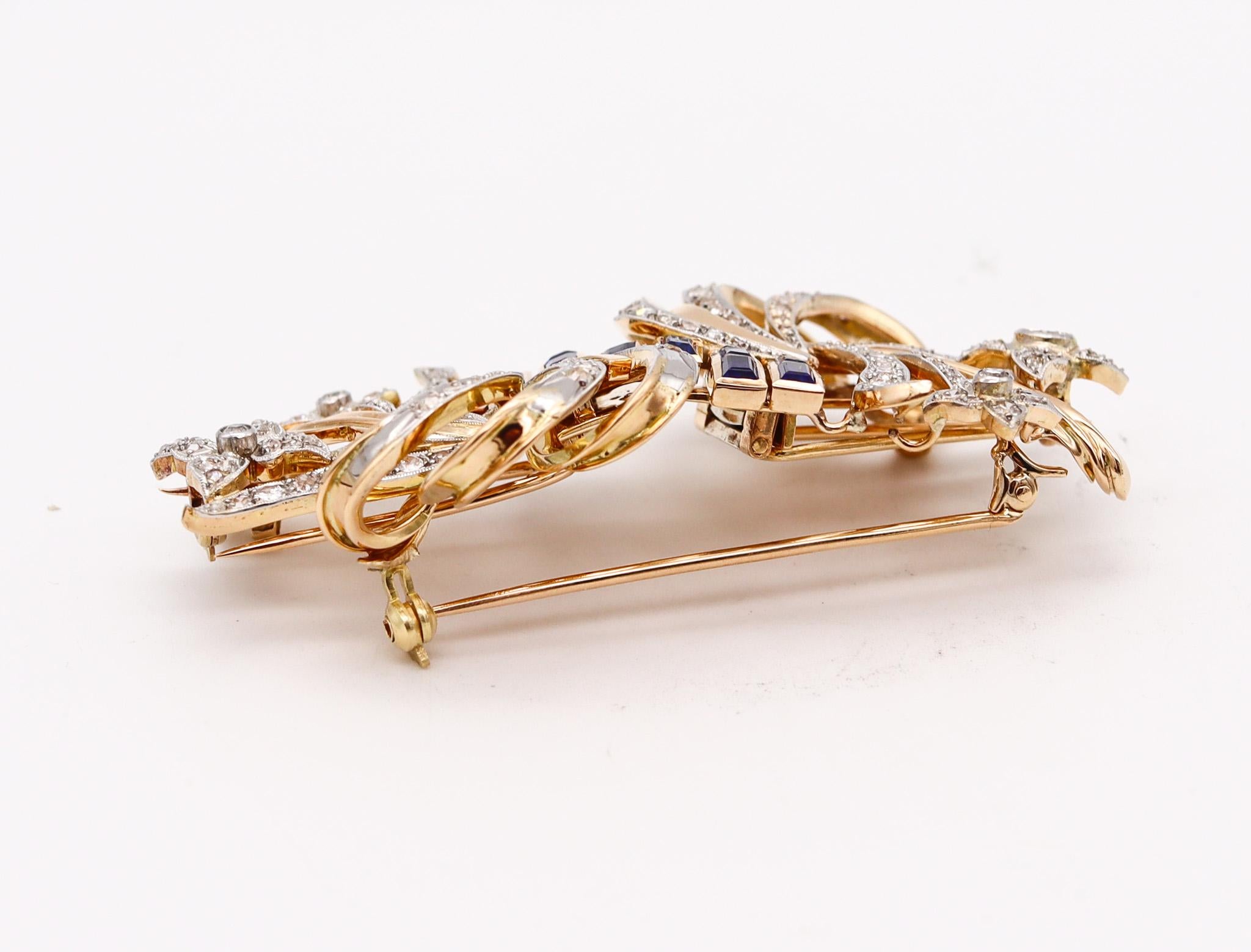 Art Deco Retro 1935 Convertible Clips 18kt Gold with 7.08ctw Diamonds & Spinels In Excellent Condition In Miami, FL