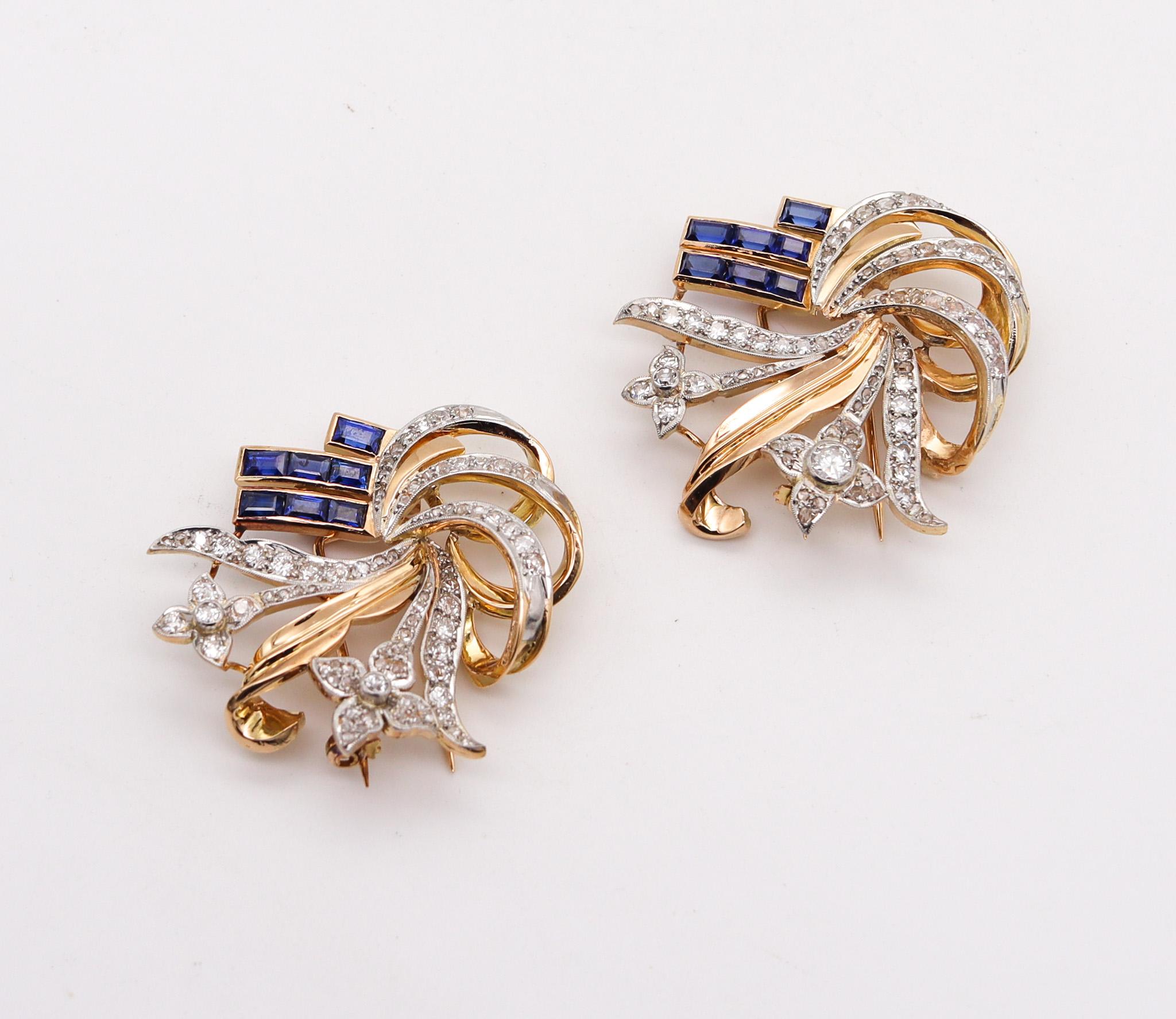 Art Deco Retro 1935 Convertible Clips 18kt Gold with 7.08ctw Diamonds & Spinels For Sale 1