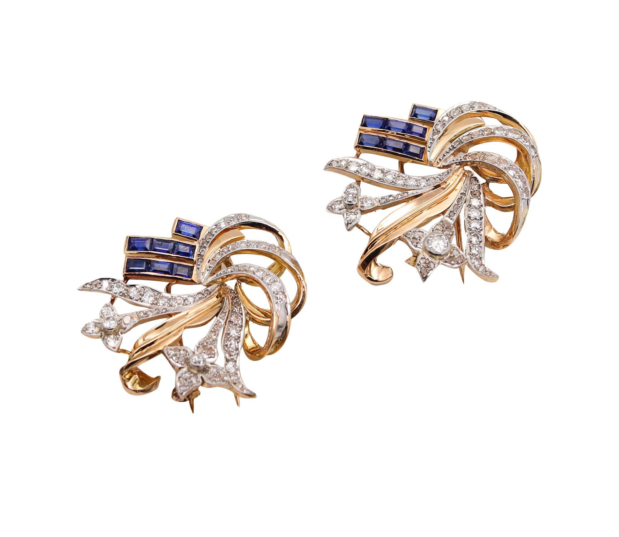 Art Deco Retro 1935 Convertible Clips 18kt Gold with 7.08ctw Diamonds & Spinels For Sale 2